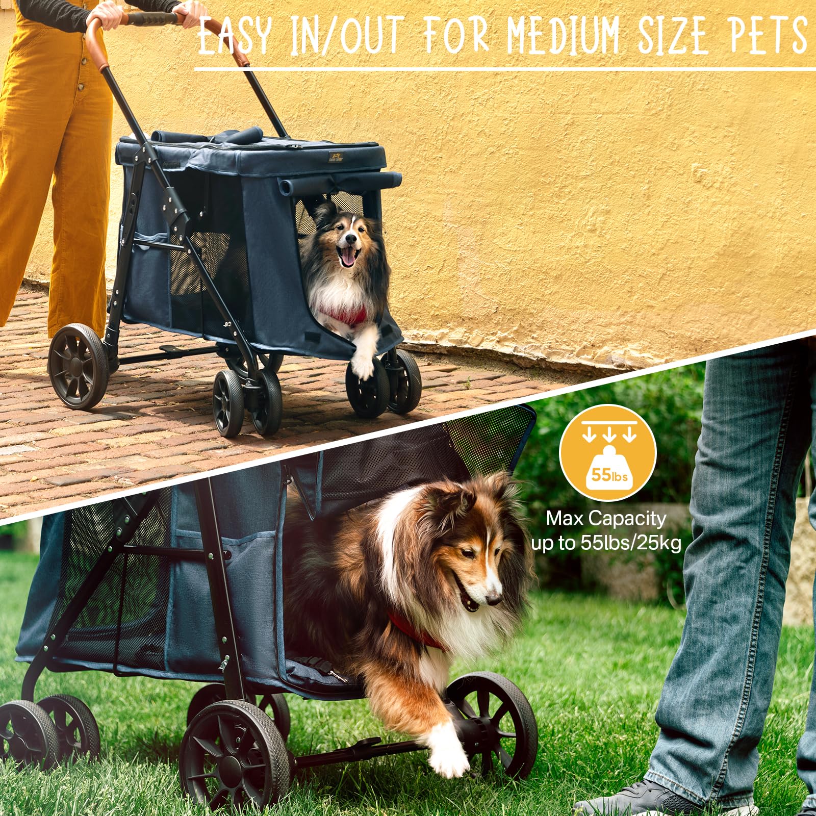 Canine Canyon Upgraded 4 Wheels Pet Stroller For Small/Medium Dogs- One Button Fold, Adjustable Mesh Windows And Shades, 360 Swi