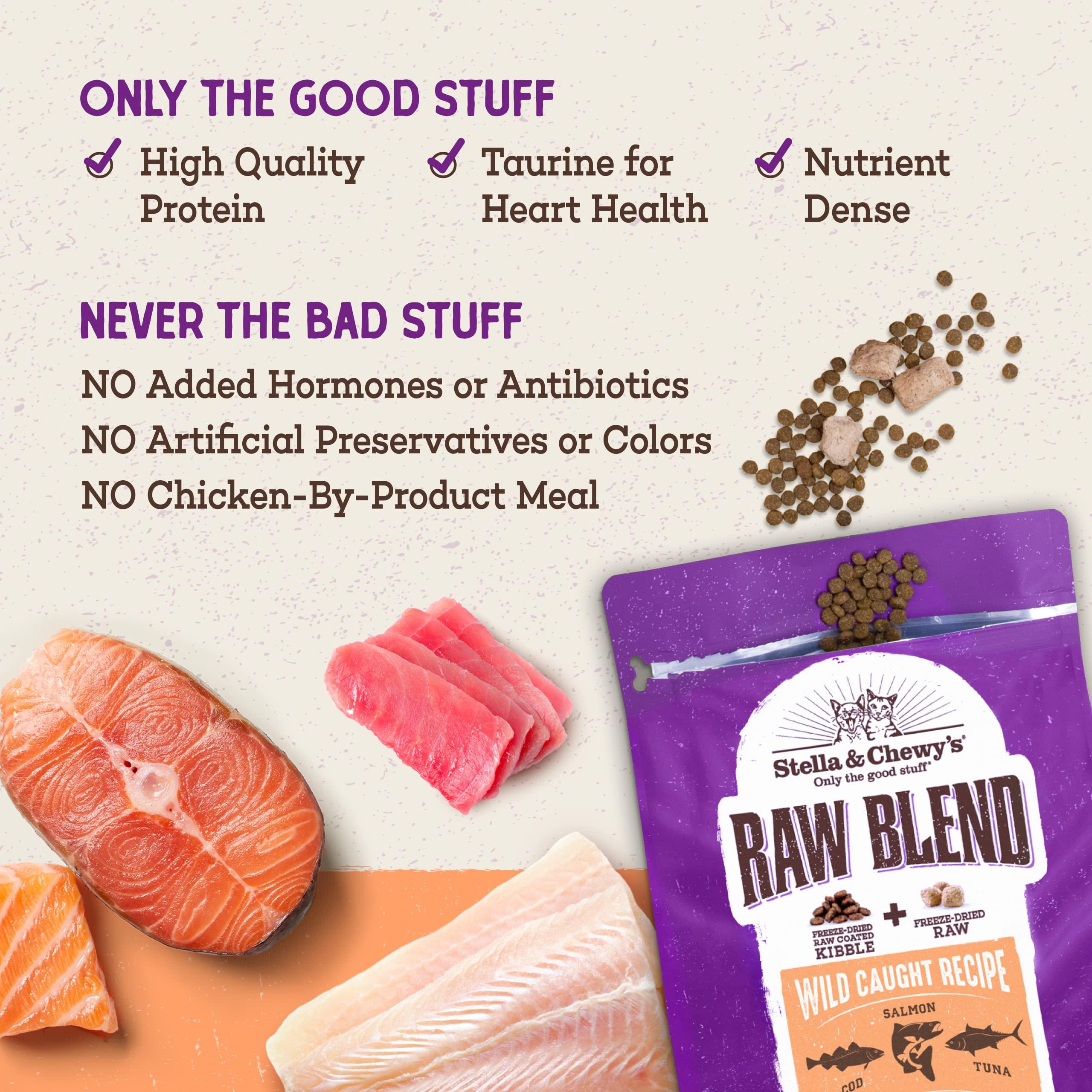 Stella & Chewys Raw Blend Premium Kibble Cat Food - Grain Free, Protein Rich Meals - Wild-Caught Fish Recipe - 2.5 lb. Bag