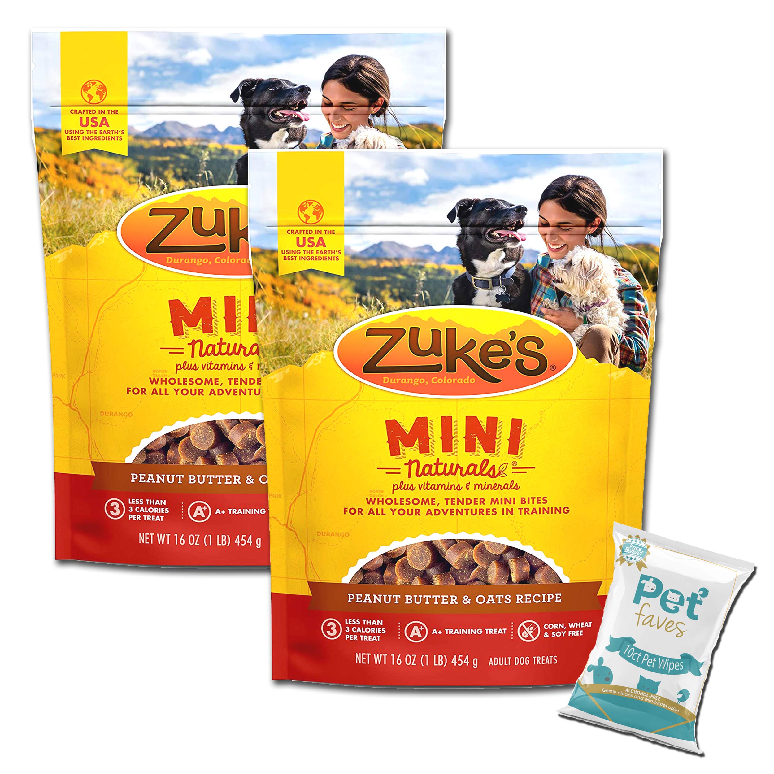 (2 Pack) Zuke Mini Naturals Dog Treats Peanut Butter 16 oz (1 Lb) - Zukes Soft & Chewy Training Treats - with 10ct Wipes