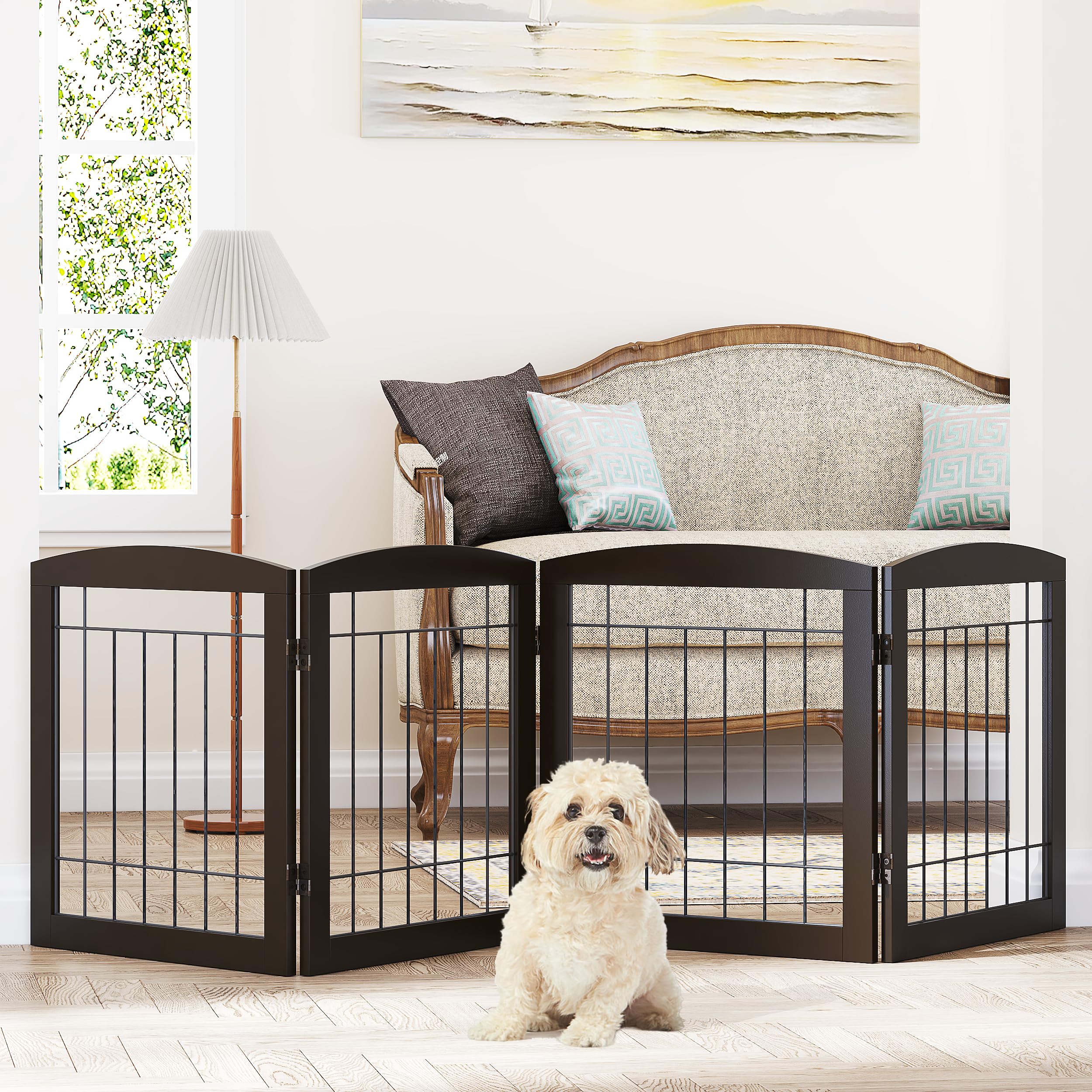 Pawland Dog Gate For The House Doorway Stairs Foldable Freestanding Indoor Pet Gate For Dogs Wooden Puppy Safety Fence 80' Wide 24' Height 4 Panels, Espresso