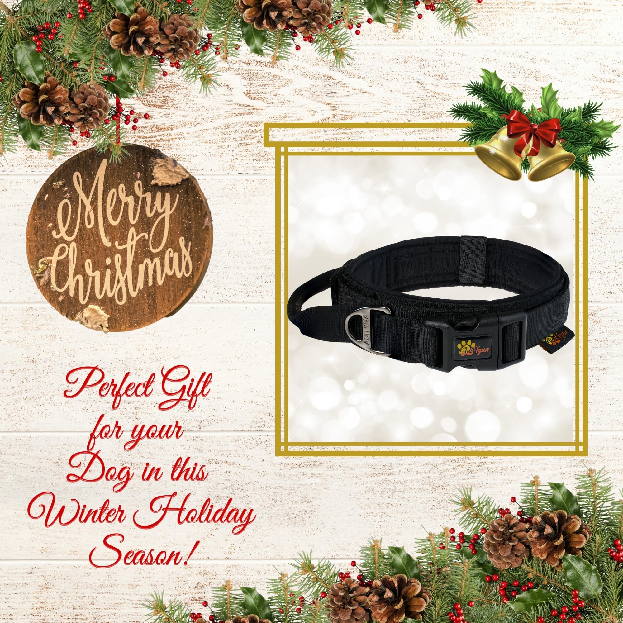 Adityna - Tactical Dog Collar For Large Dogs - Soft Padded, Heavy Duty, Adjustable Black Dog Collar With Handle For Training And