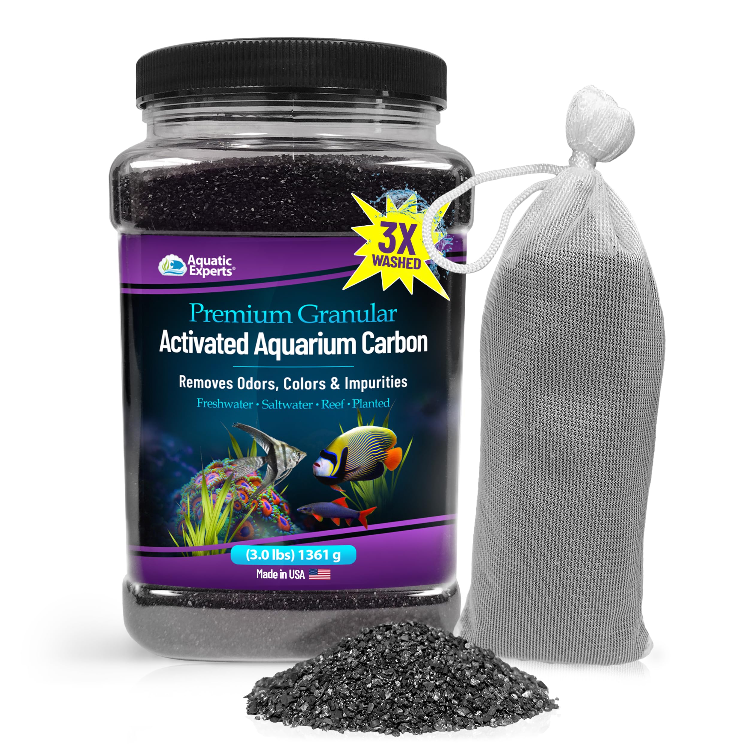 Premium Activated Carbon - Aquarium Carbon Media - Charcoal For Fish Tanks - Aquarium Filter Charcoal Media (Granulated, 3 Lbs With Fine Mesh Bag)