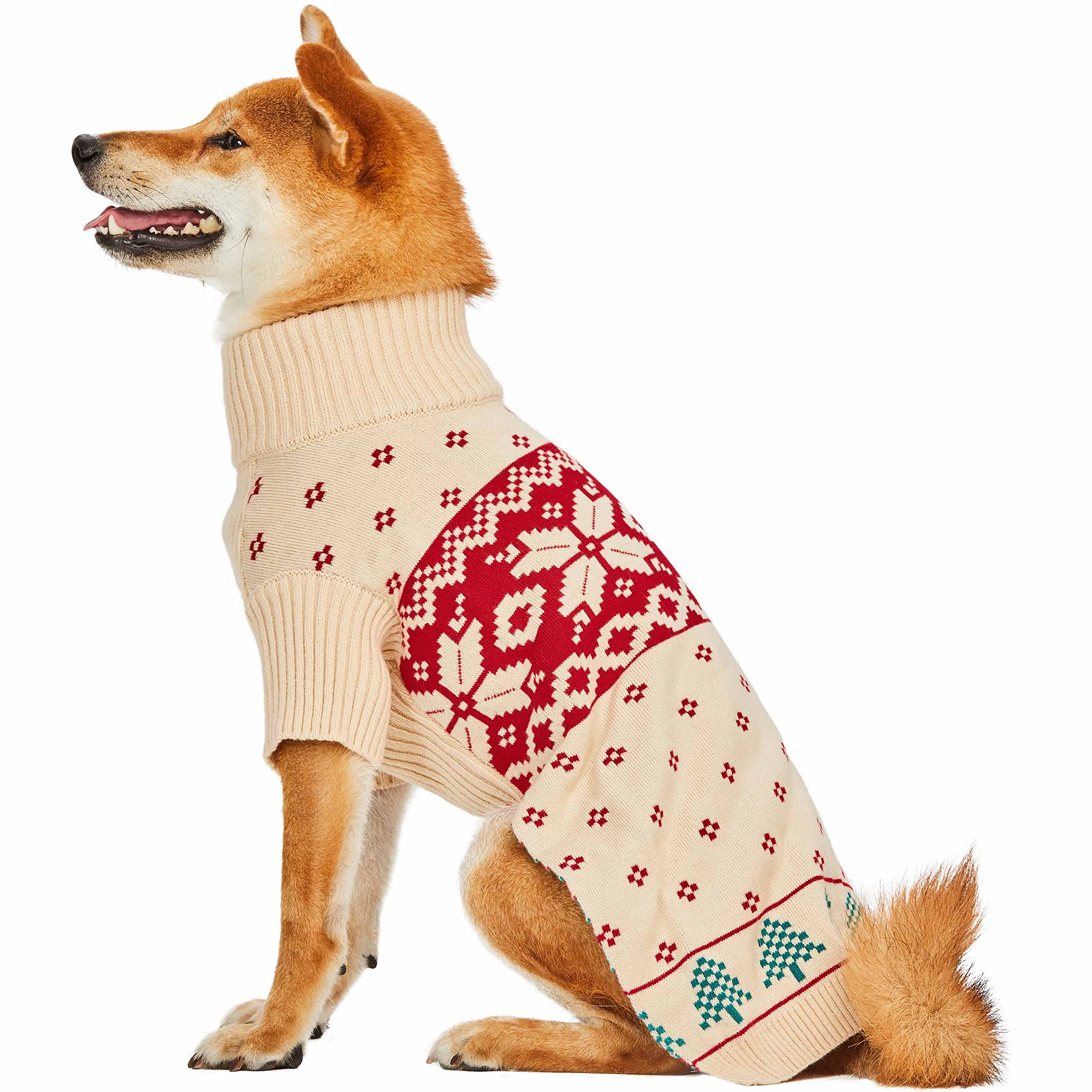 Blueberry Pet Christmas Tree And Snowflake Dog Sweater In Light Beige, Back Length 12'', Pack Of 1 Clothes For Dogs