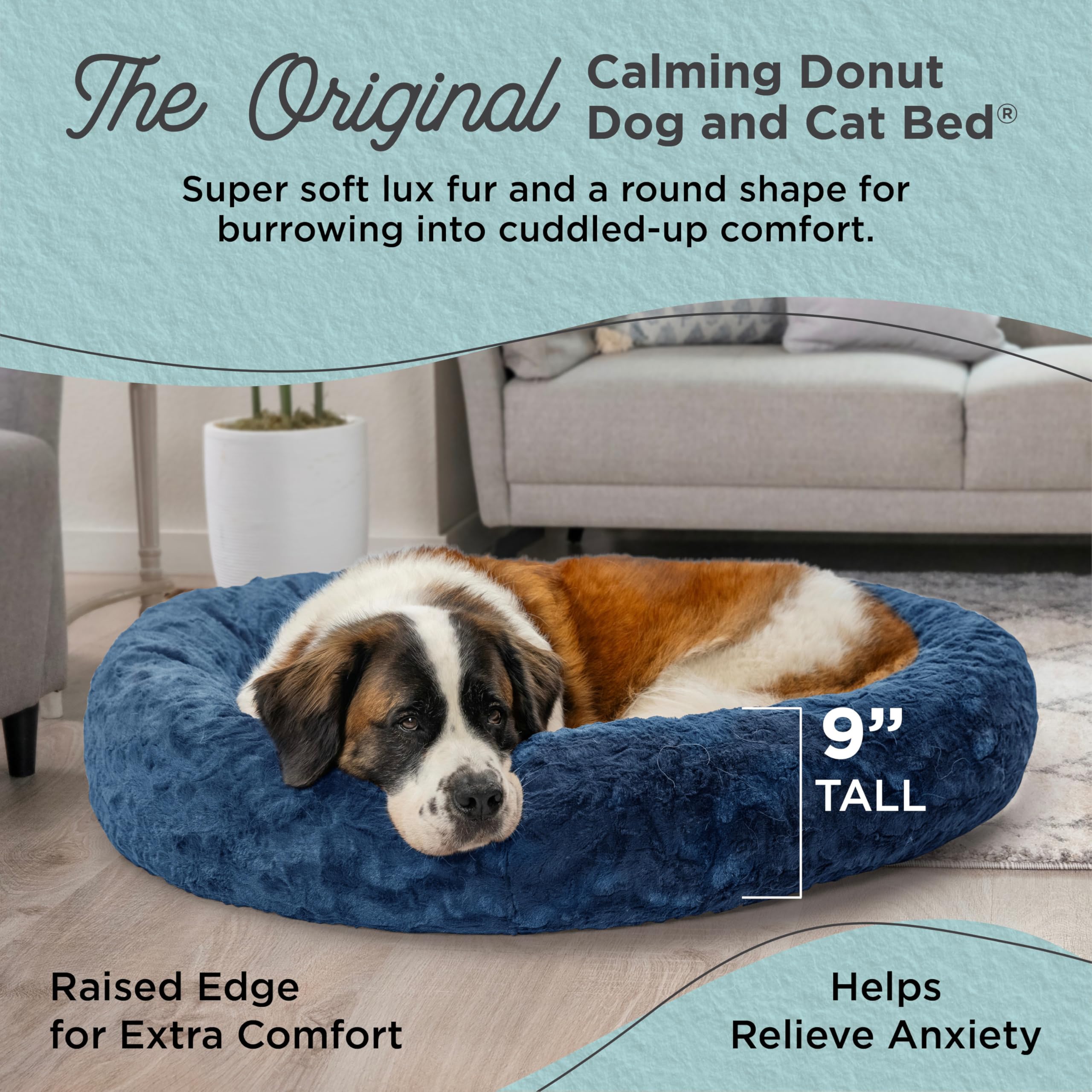 Best Friends By Sheri The Original Calming Donut Dog And Cat Bed In Lux Fur, Navy Blue, Extra Large, 45X45