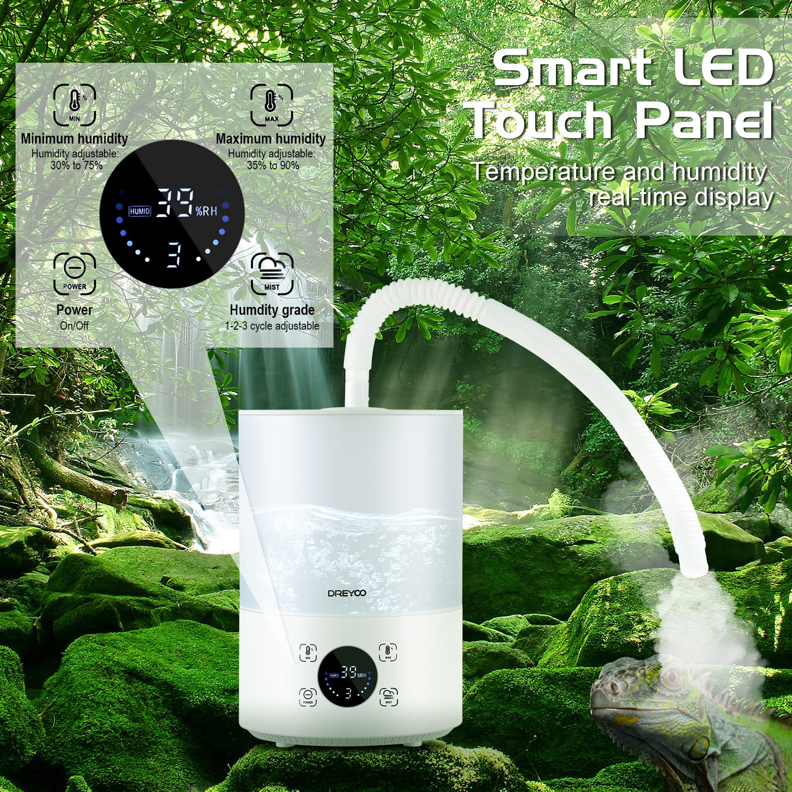 Smart Reptile Fogger Humidifiers with Humidity Control, Reptile Terrarium Humidifier Smart Touch, 3 Grades Adjustable Fogger wit