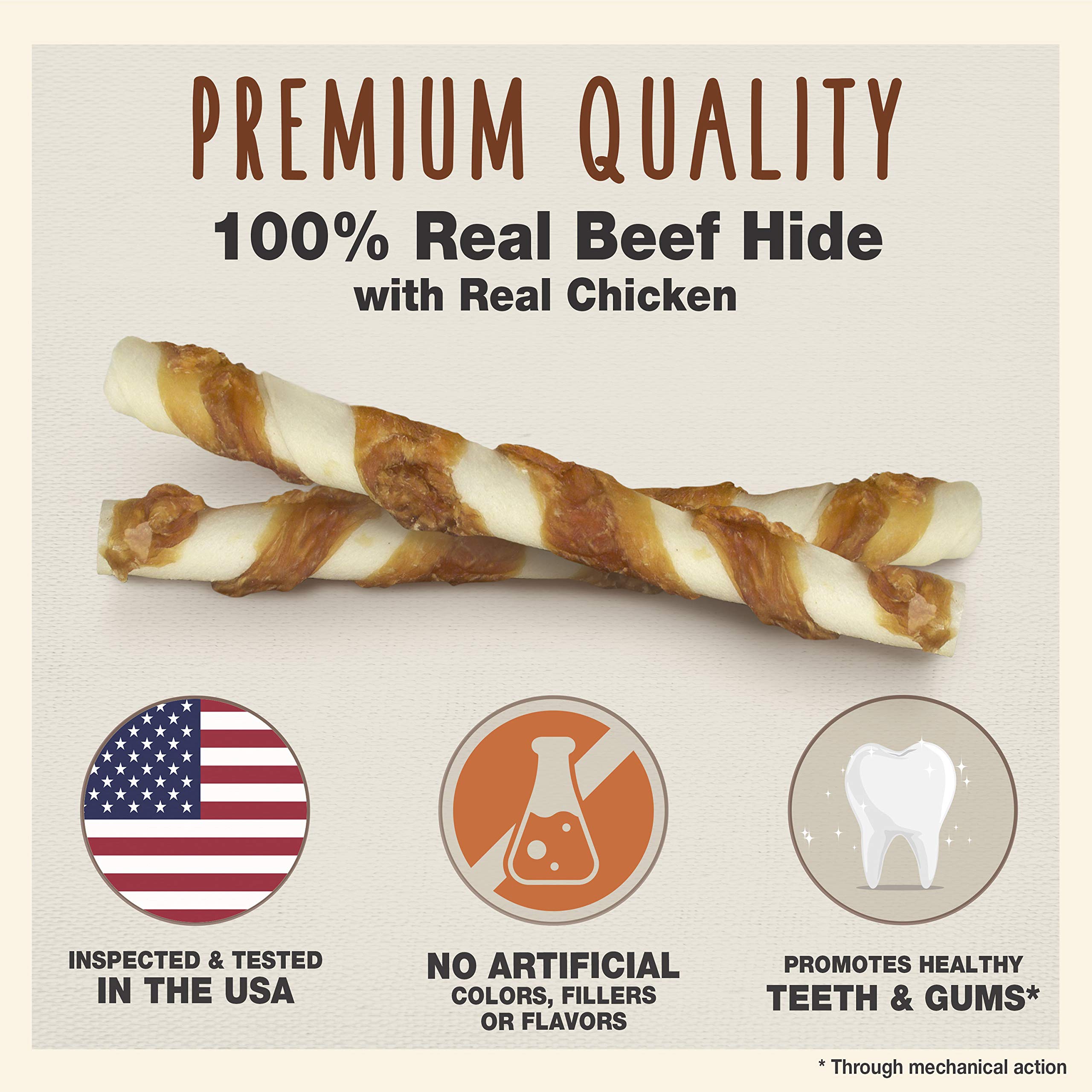 Cadet Gourmet 8-Inch Beef Hide Twist Chew Sticks, Long-Lasting and Natural Rawhide Chews for Dogs, Inspected & Tested in USA, Ch