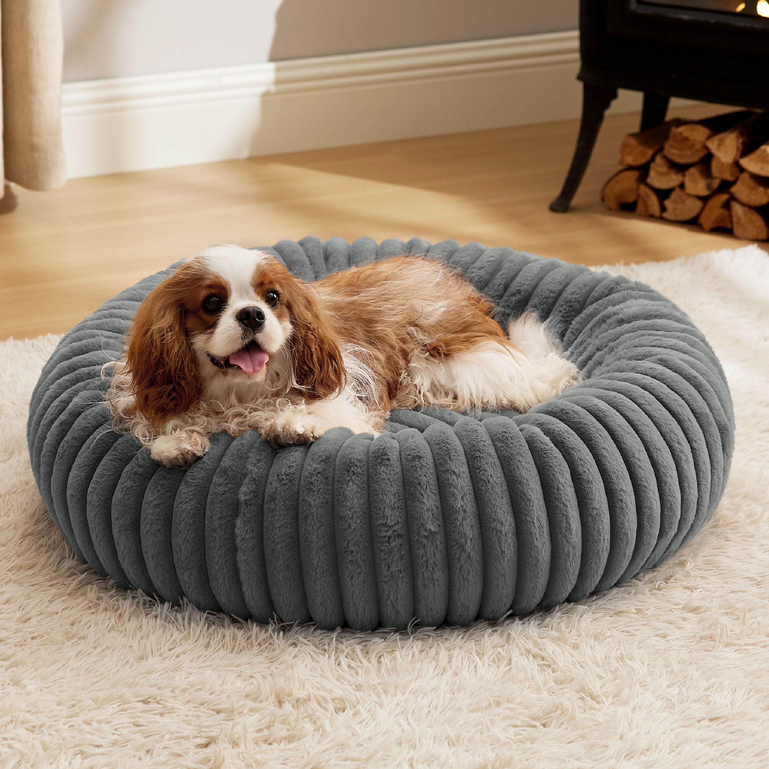 Bedsure Donut Medium Dog Bed - Washable Faux Fur With Corduroy Fleece & Anti Slip Bottom, Round Pet Bed With Removable Cover, Wa