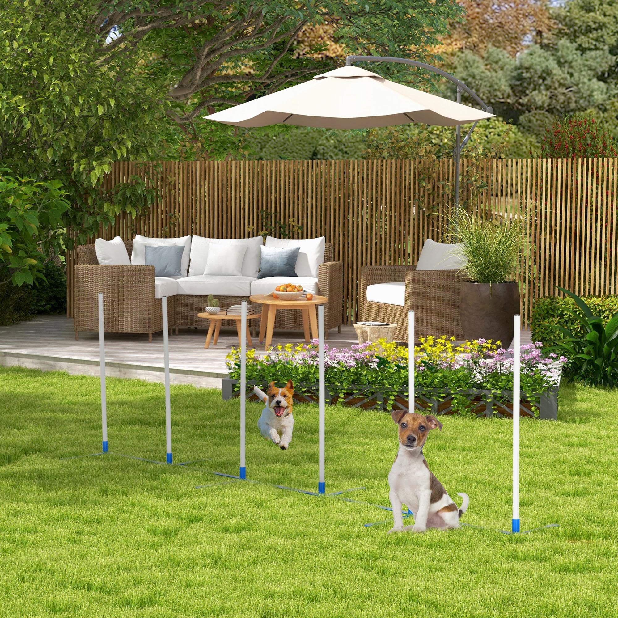 PawHut Dog Agility Training Set - Slalom Poles with 600D Carry Bag, PE Plastic, 305x60x94 cm, White + Blue