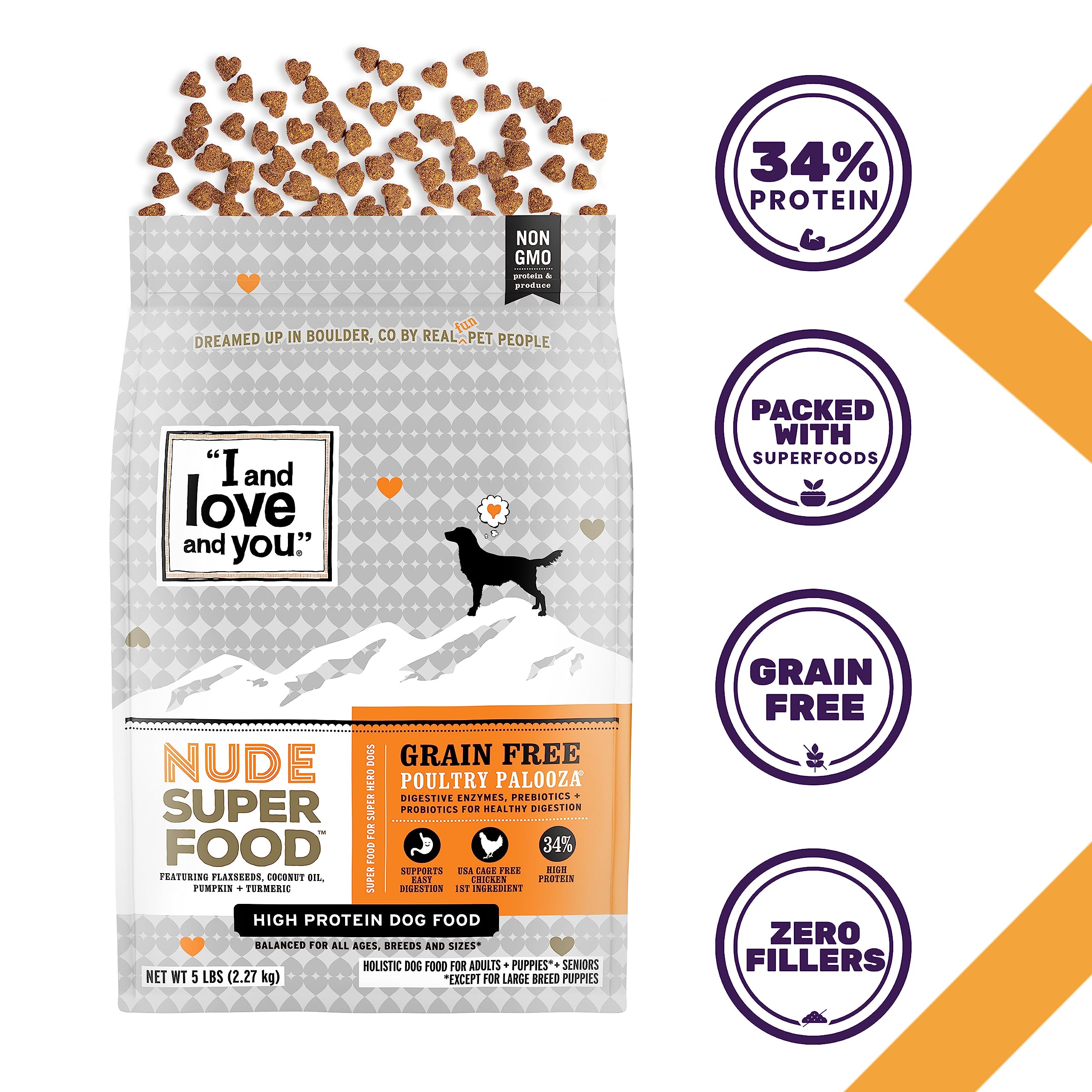 I and love and you Nude Superfood Dry Dog Food - Grain Free Kibble, Prebiotics & Probiotics, Turkey + Chicken, 5-Pound