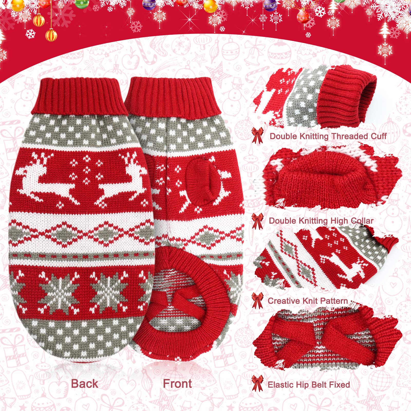 Hylyun Cat & Dog Christmas Sweater 2 Pack - Reindeer & Snowflake Sweaters For Kittens & Small Dogs (X-Small, Red, Grey)