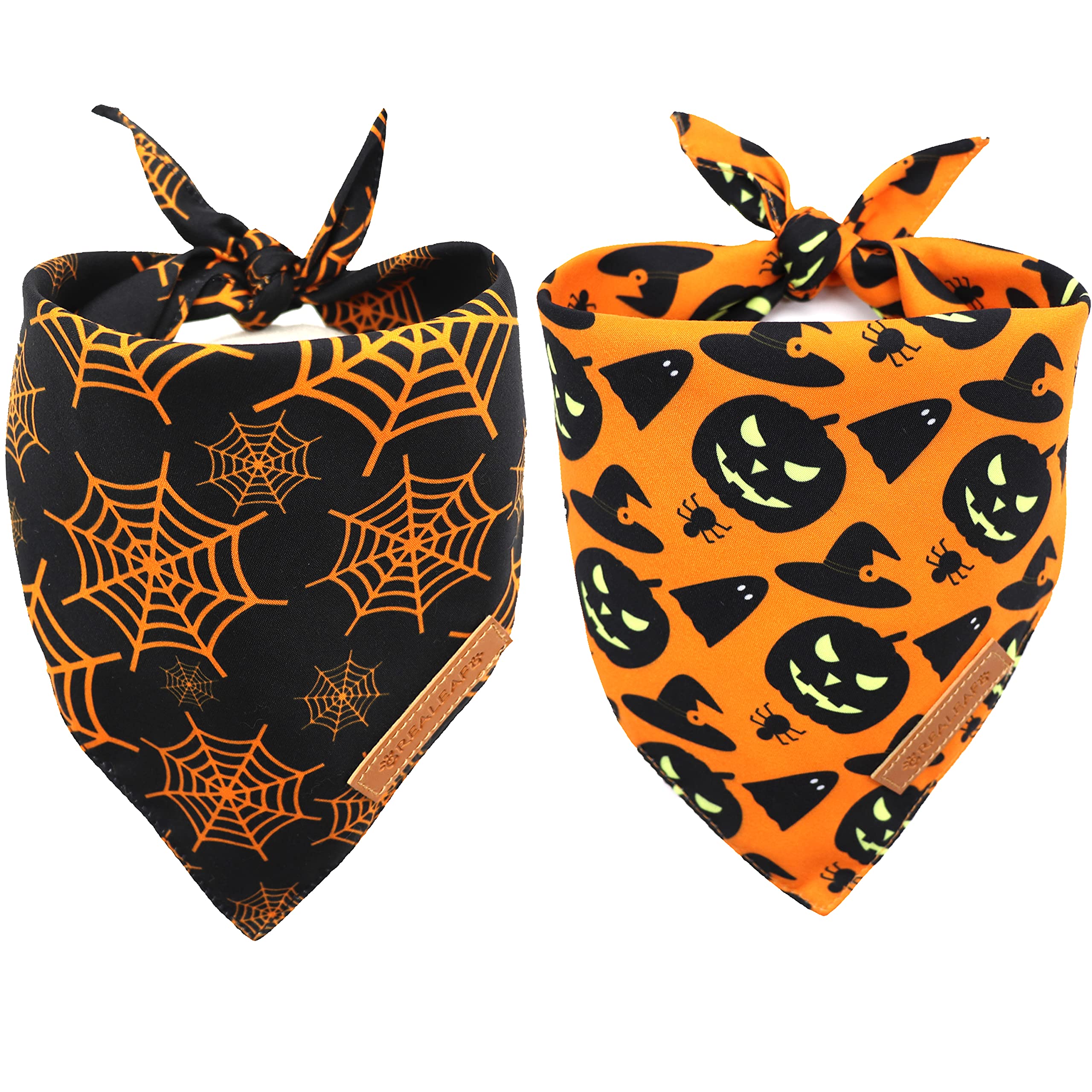 Realeaf Halloween Dog Bandanas 2 Pack, Pumpkin And Spider Web Bibs, Triangle Reversible Fall Pet Scarf, Multiple Sizes Offered, 