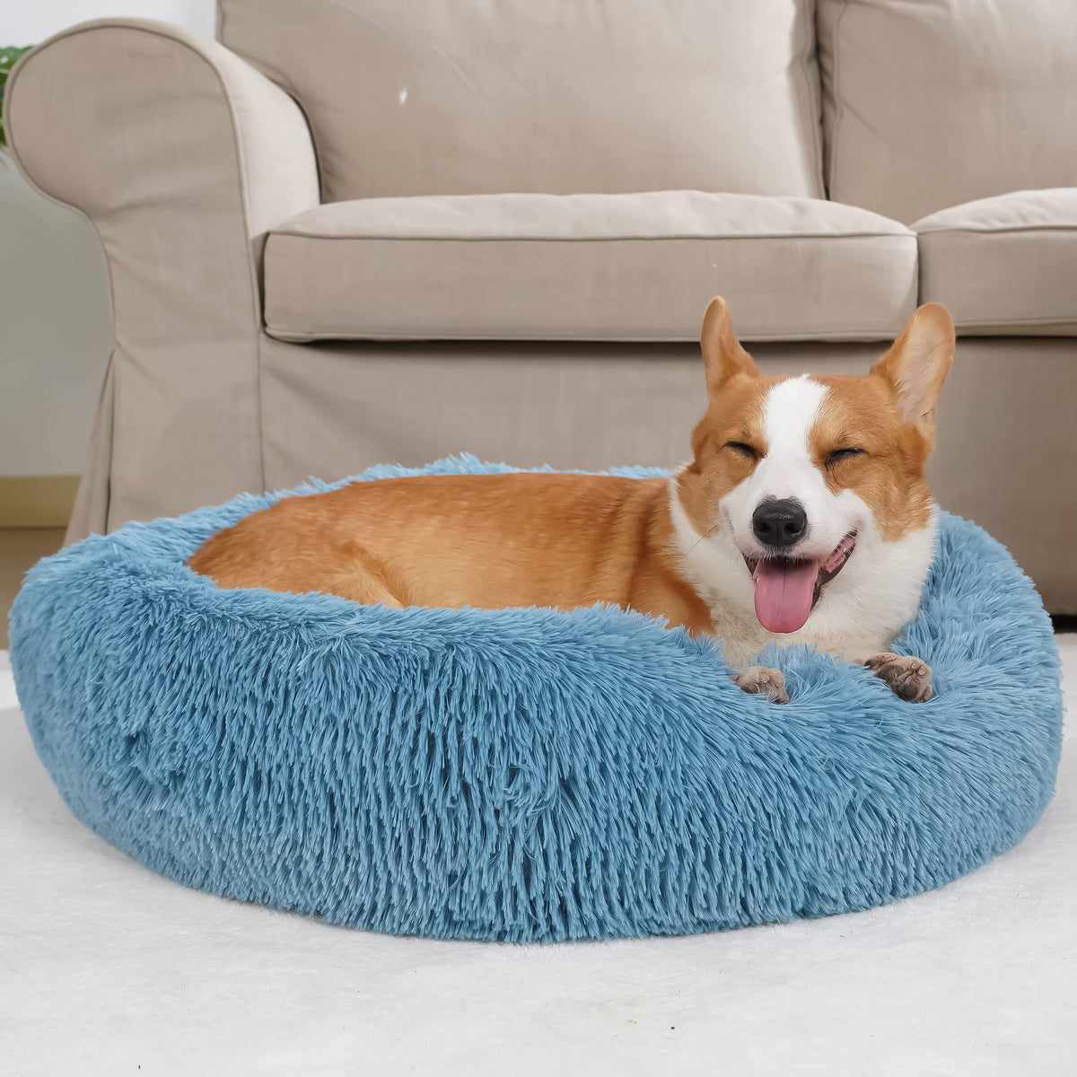 Dog Beds For Medium Dogs Washable Calming Bed For Dogs Blue Fluffy And Soft Dog Bed Anti Anxiety Faux Fur Round Medium Sized Pet