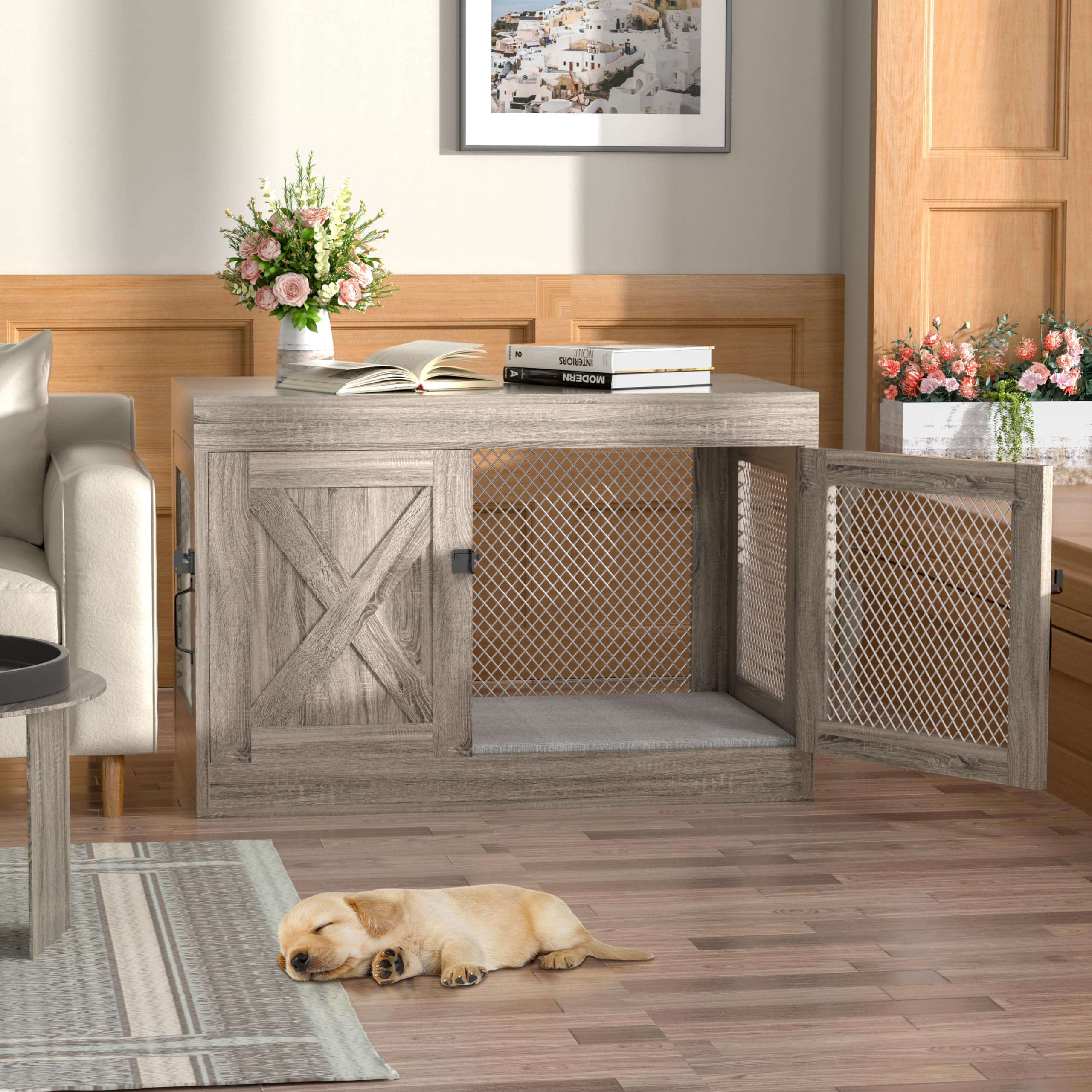 Xilingol Corner Dog Crate Furniture With Double Doors, 36 Inch Wooden Dog Kennel End Table Indoor With Mesh, Cage/House For Small Medium Large Dog, Decorative Pet Crate Indoor Use, Grey