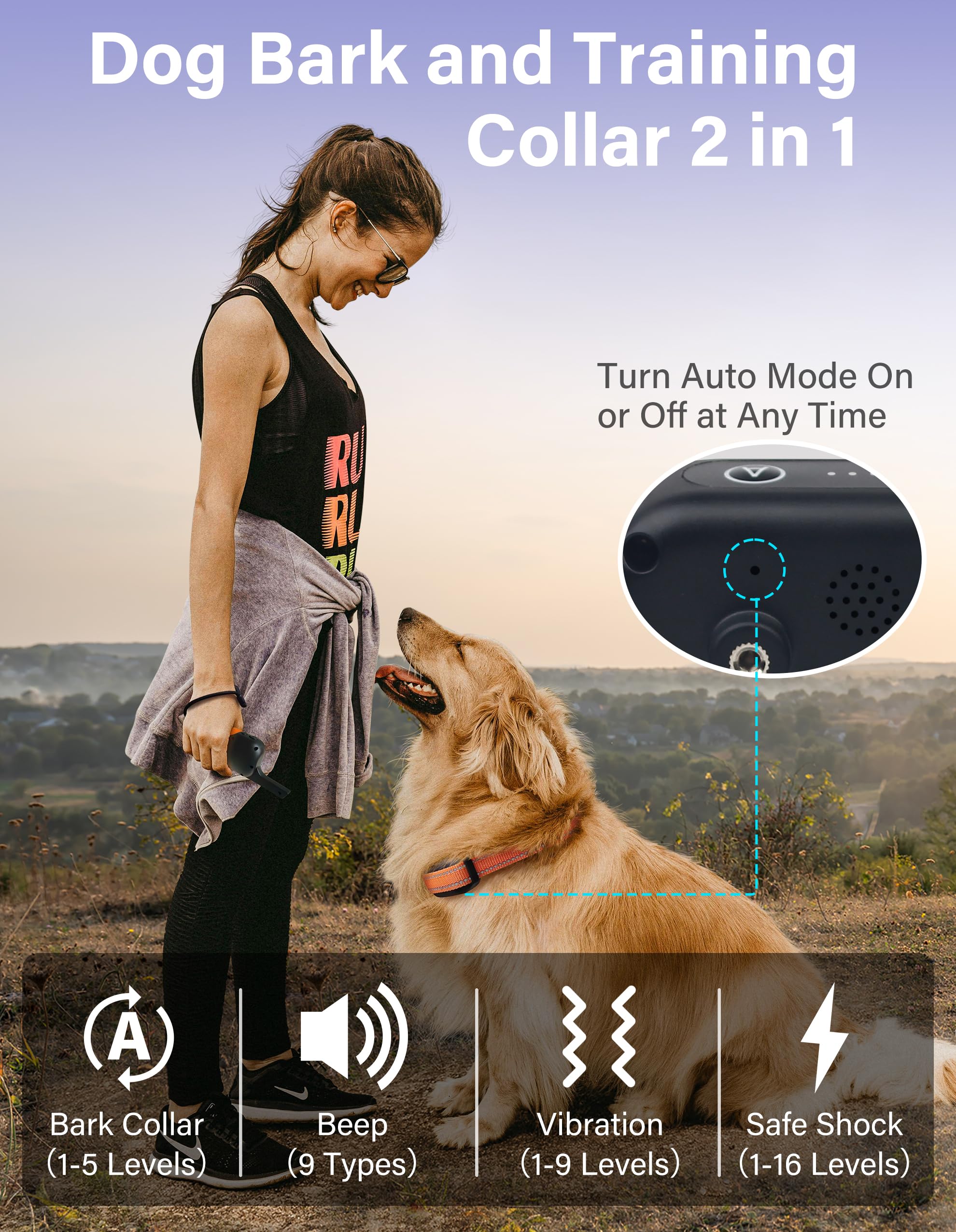 PaiPaitek Bark Activated Shock Collar with Remote - Automatic Bark and Training Collar Combo 3300ft Range, Bark Shock Collar for