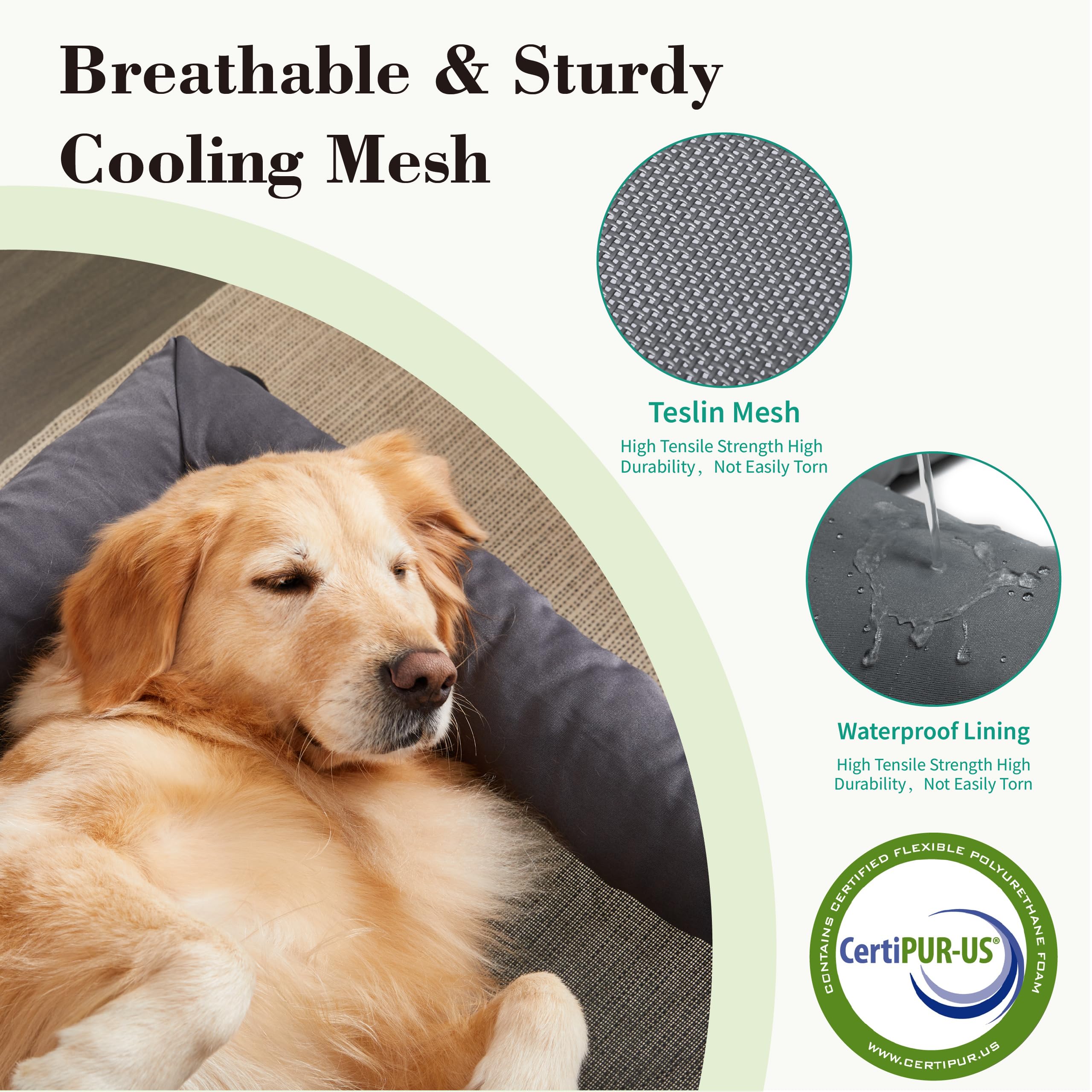 TJSOULER Cooling Elevated Dog Bed with Pillows,Portable Washable Raised Dog Cot Bed with Chew Proof Mesh and Metal Frame,No-Slip