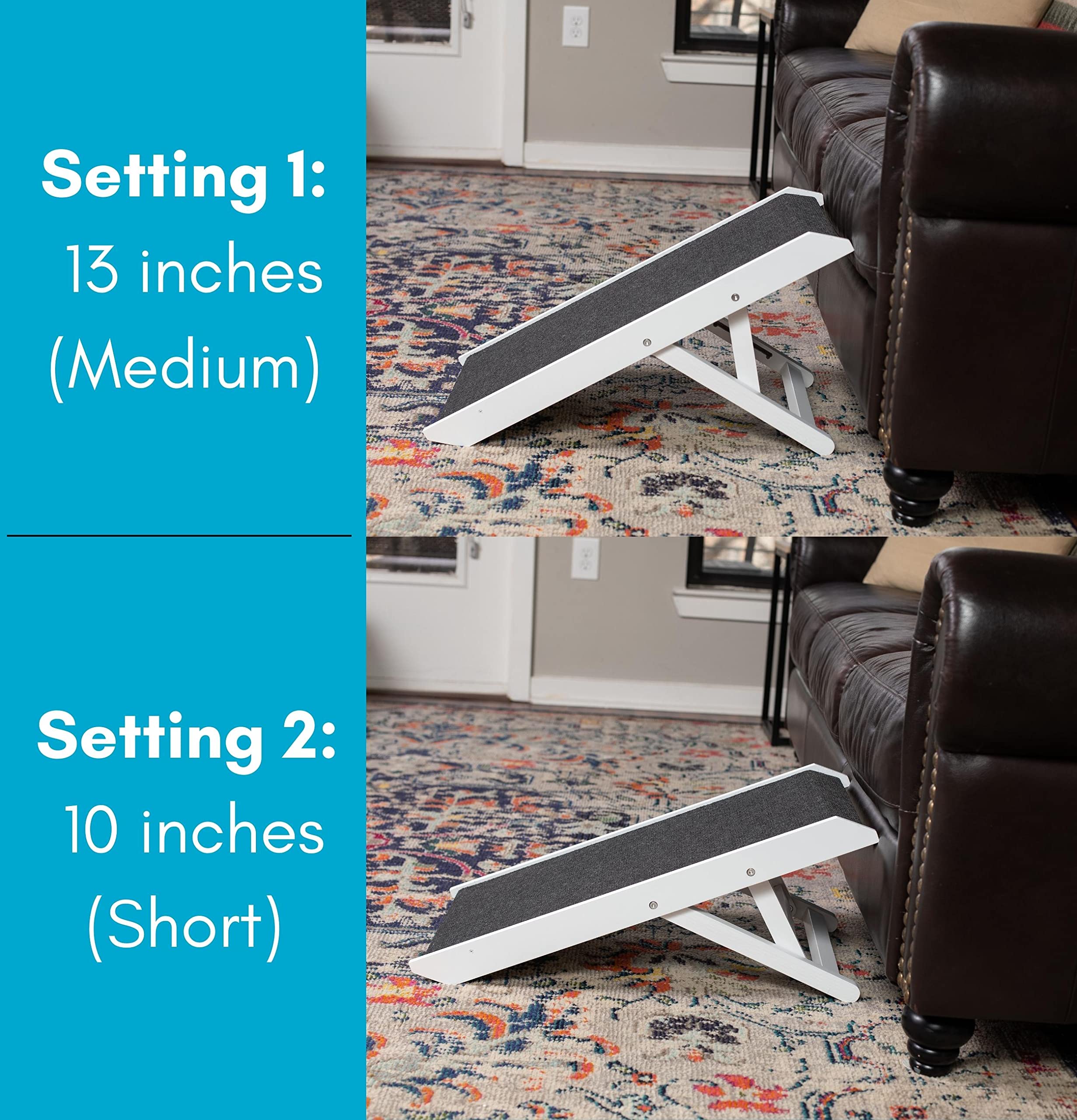 Birdrock Home Adjustable Dog Ramp For Low Beds Or Couches - Small Dogs Or Cats Only - Decorative Wooden Folding Doggie Ramps - Paw Friendly Grip Carpet - White 13'