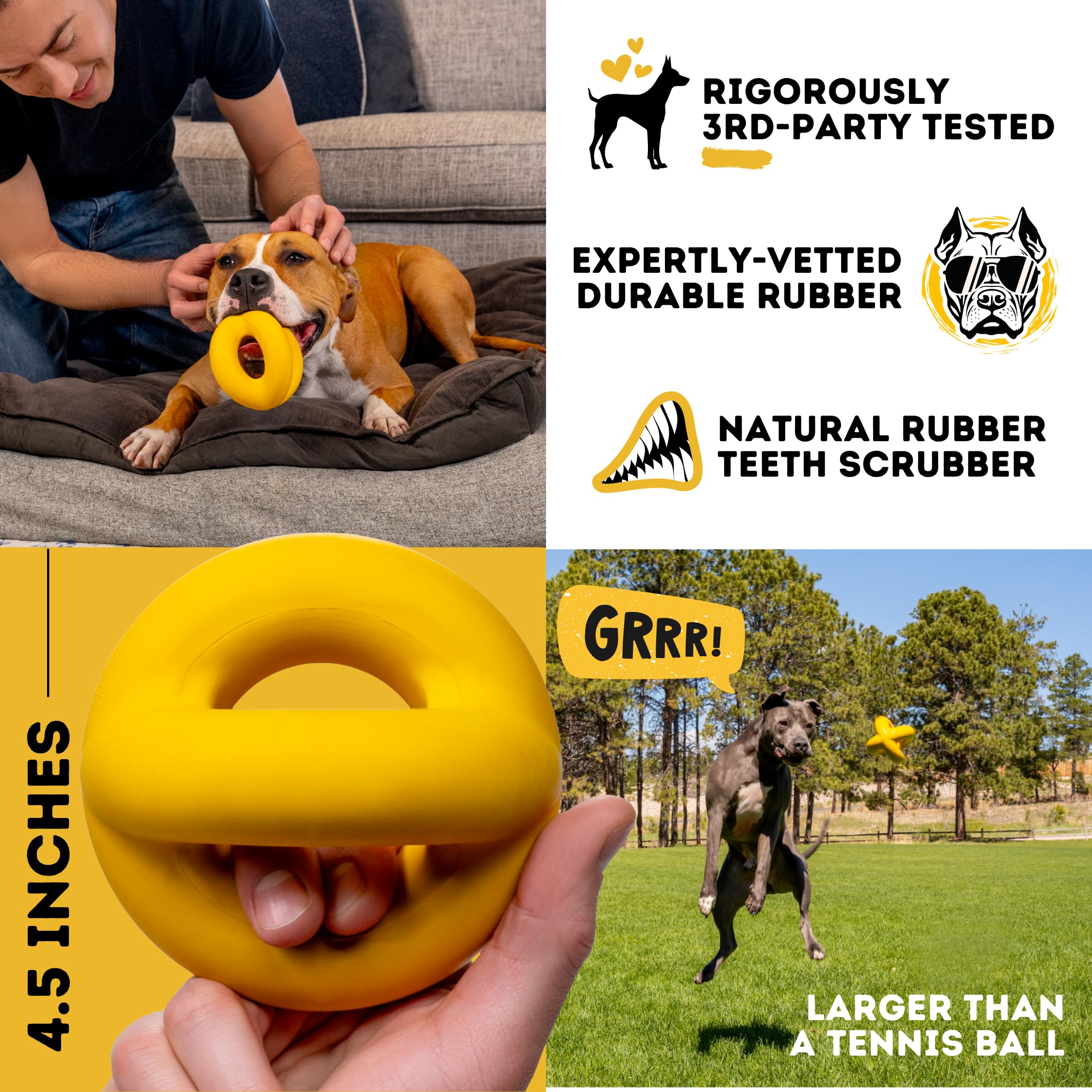 WoofBite Indestructible Dog Ball - Durable Natural Rubber Toy for Aggressive Chewers - 4" Yellow