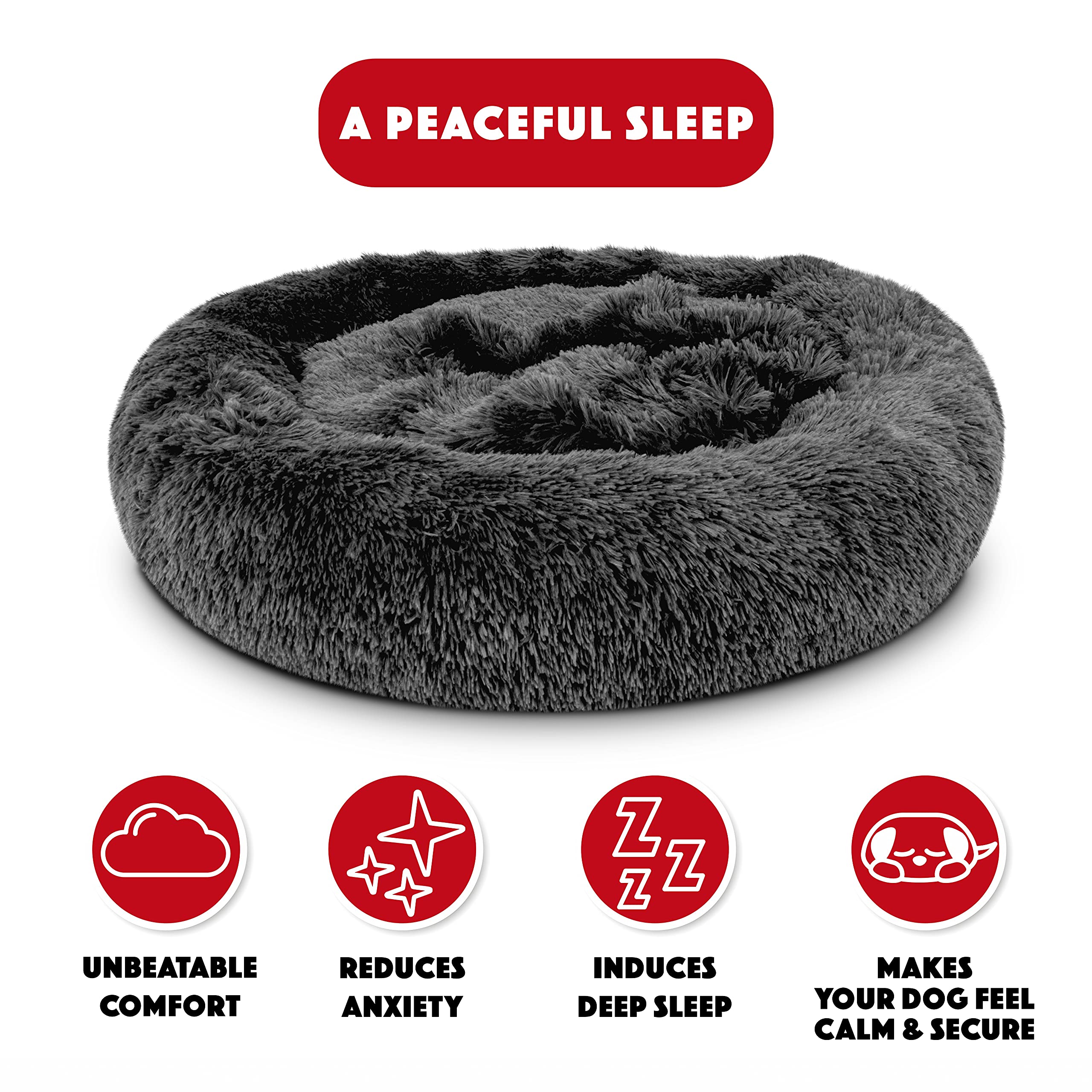 The Dogs Balls Sound Sleep Donut Dog Bed, Grey Plush Large Removable Cover Calming Nest Bed, Veterinary Approved