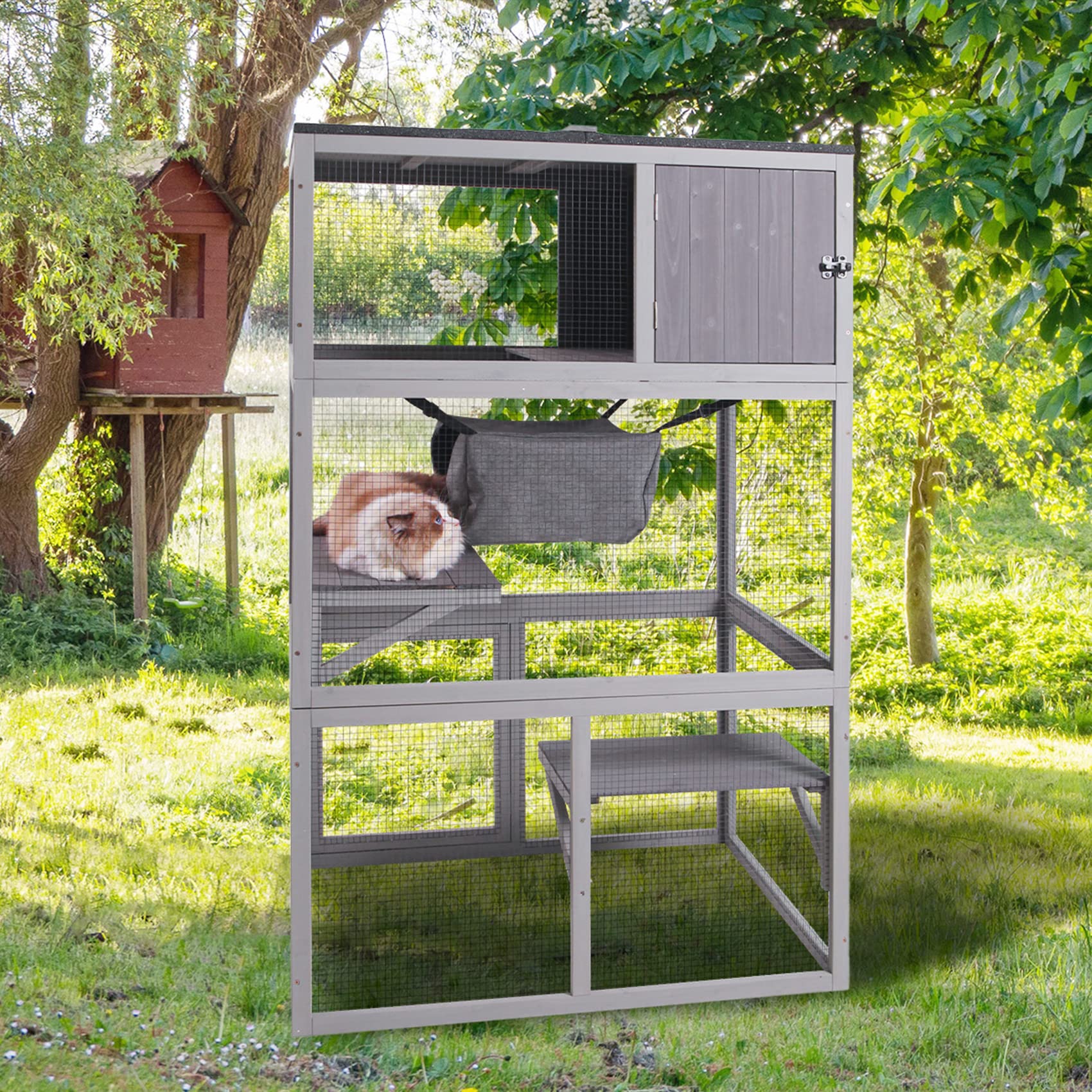 X-Zone Pet Catio Wooden Cat House, Outdoor 3 Floors Cat Enclosure, Indoor Large Kitten Playpen With Hammock & Resting Box, Cat Cage Waterproof Roof