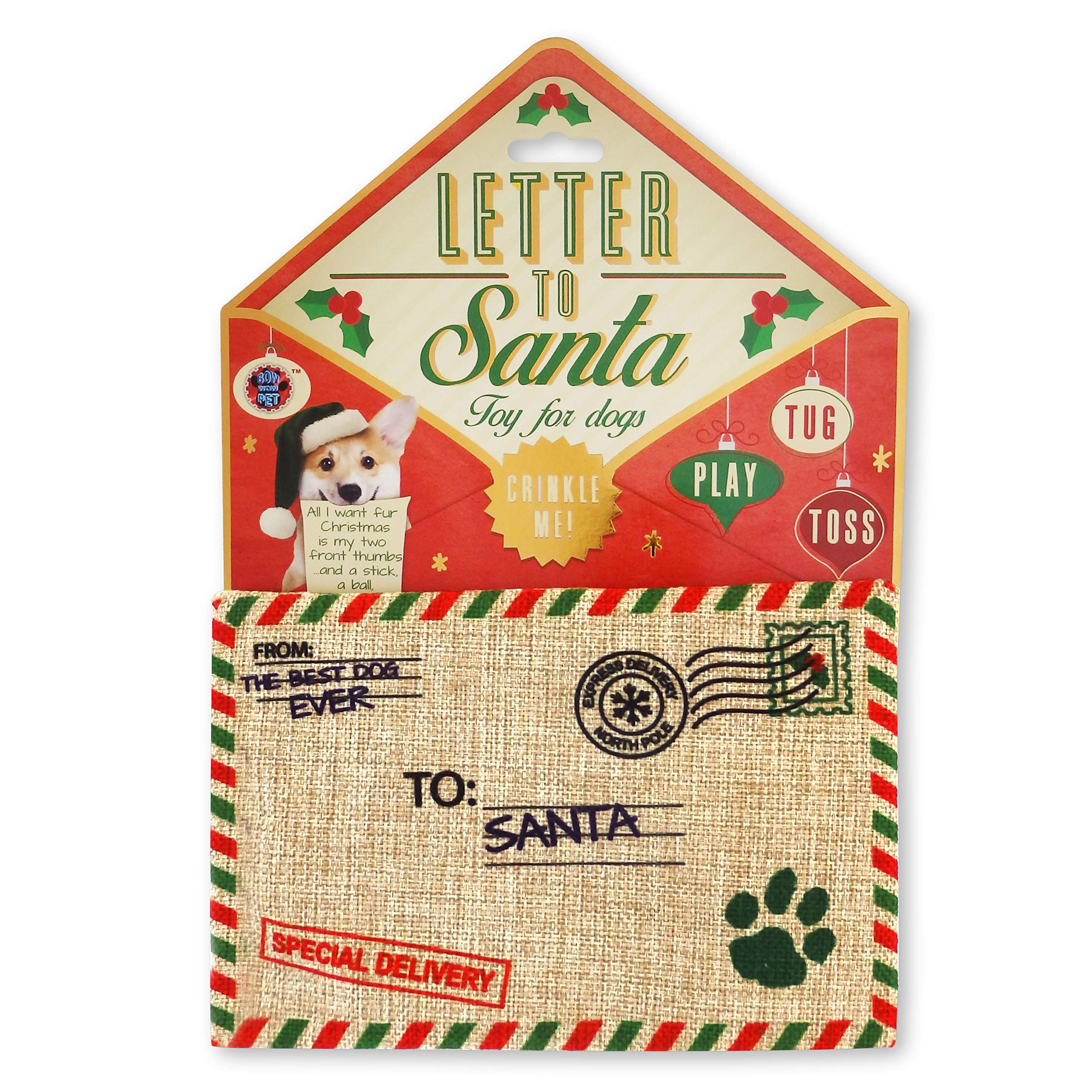 Bow Wow Pet Dog Toy Christmas Santa Letter, Funny Gift For Pets Teeth Teasing Toy (97386), All Breed Sizes