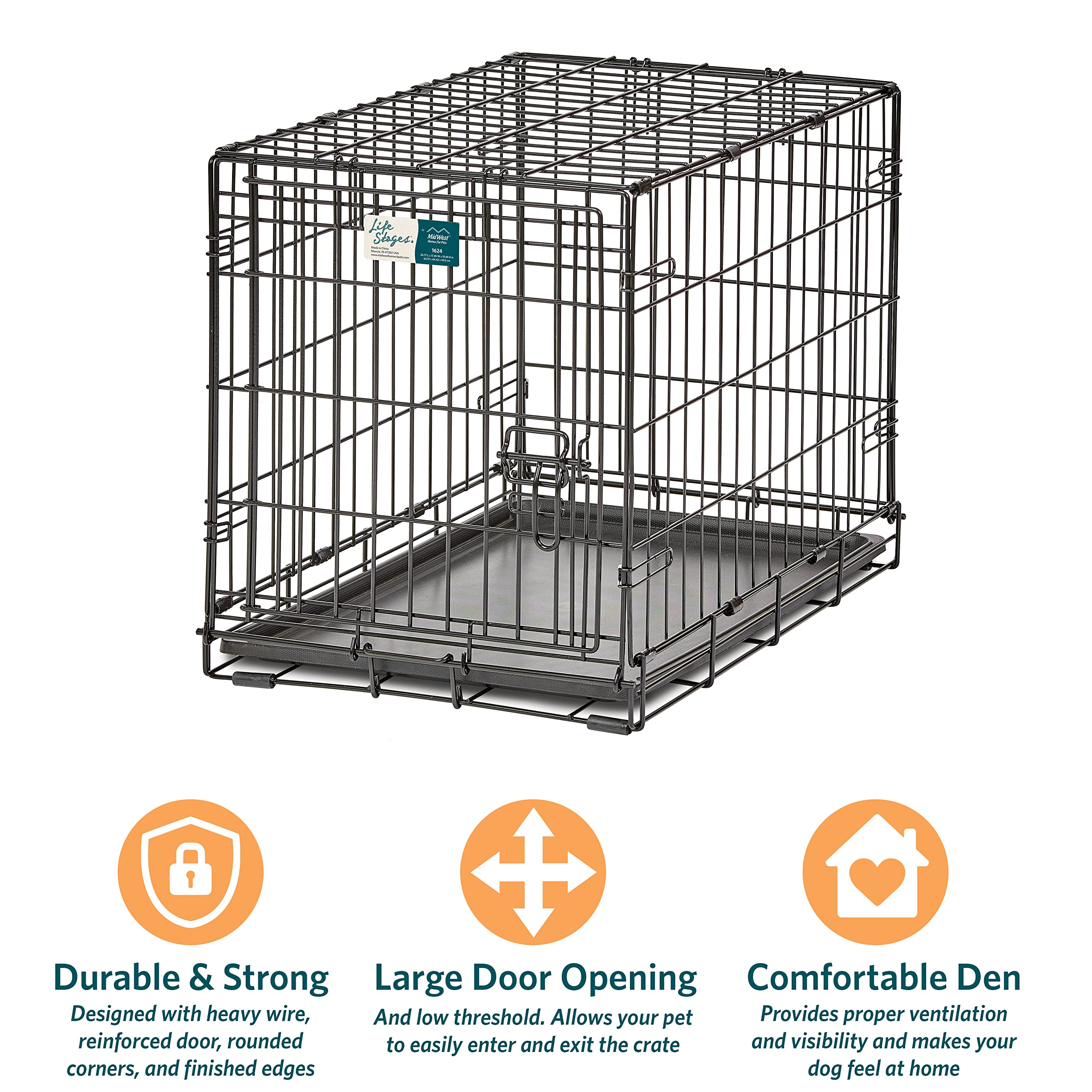 Midwest Homes For Pets Small Dog Crate | Life Stages 24' Folding Metal Crate | Divider Panel, Floor Protecting Feet, Leak-Proof Dog Pan | 24L X 18W X 19H Inches, Small Dog Breed