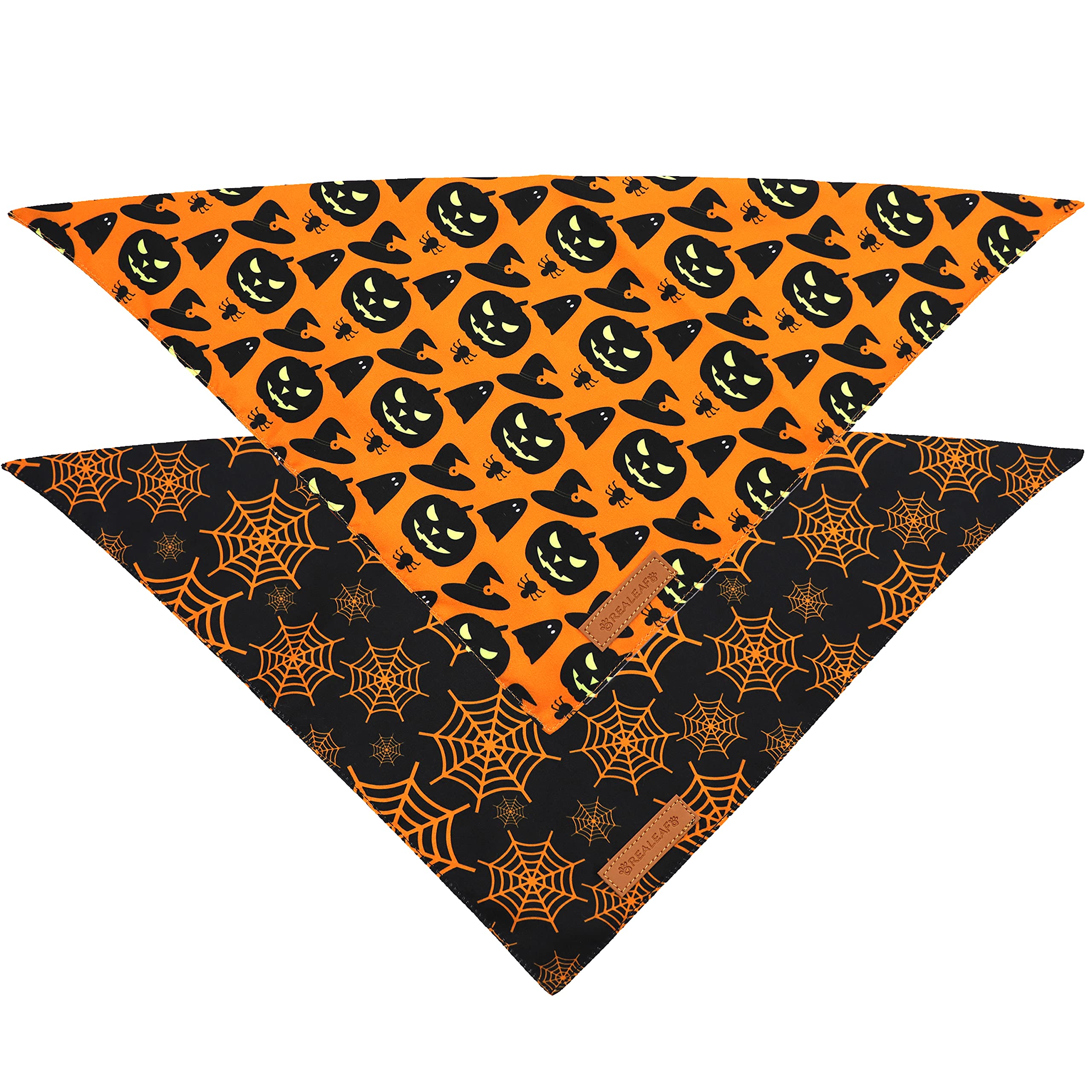 Realeaf Halloween Dog Bandanas 2 Pack, Pumpkin And Spider Web Bibs, Triangle Reversible Fall Pet Scarf, Premium Durable Fabric,