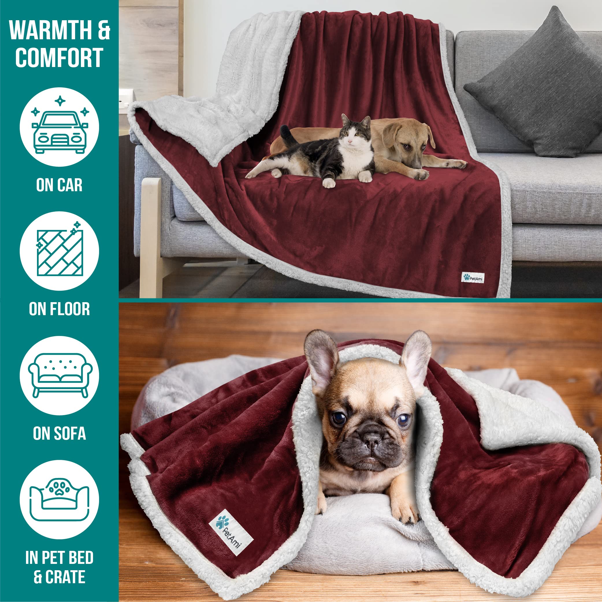 Petami Dog Blanket For Small Medium Dogs, Pet Bed Blanket Cat Puppy Kitten, Fleece Furniture Couch Cover Protector Sofa Car, Soft Sherpa Dog Throw Plush Reversible Washable, Mini 29X40 Maroon Red