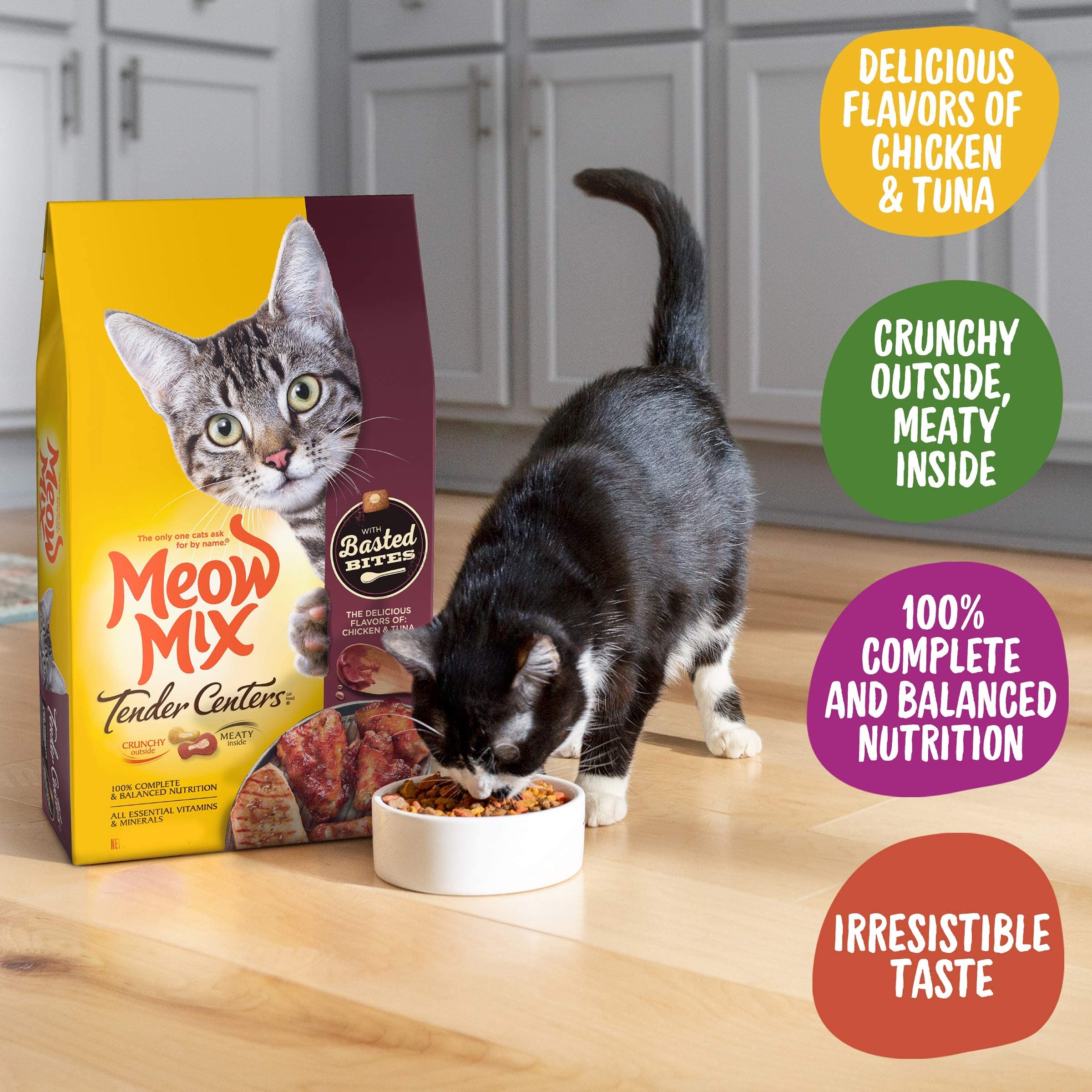 Meow Mix Tender Centers Basted Bites Dry Cat Food, Chicken & Tuna Flavor, 3 Pound (Pack of 4), Crunchy Outside Meaty Inside