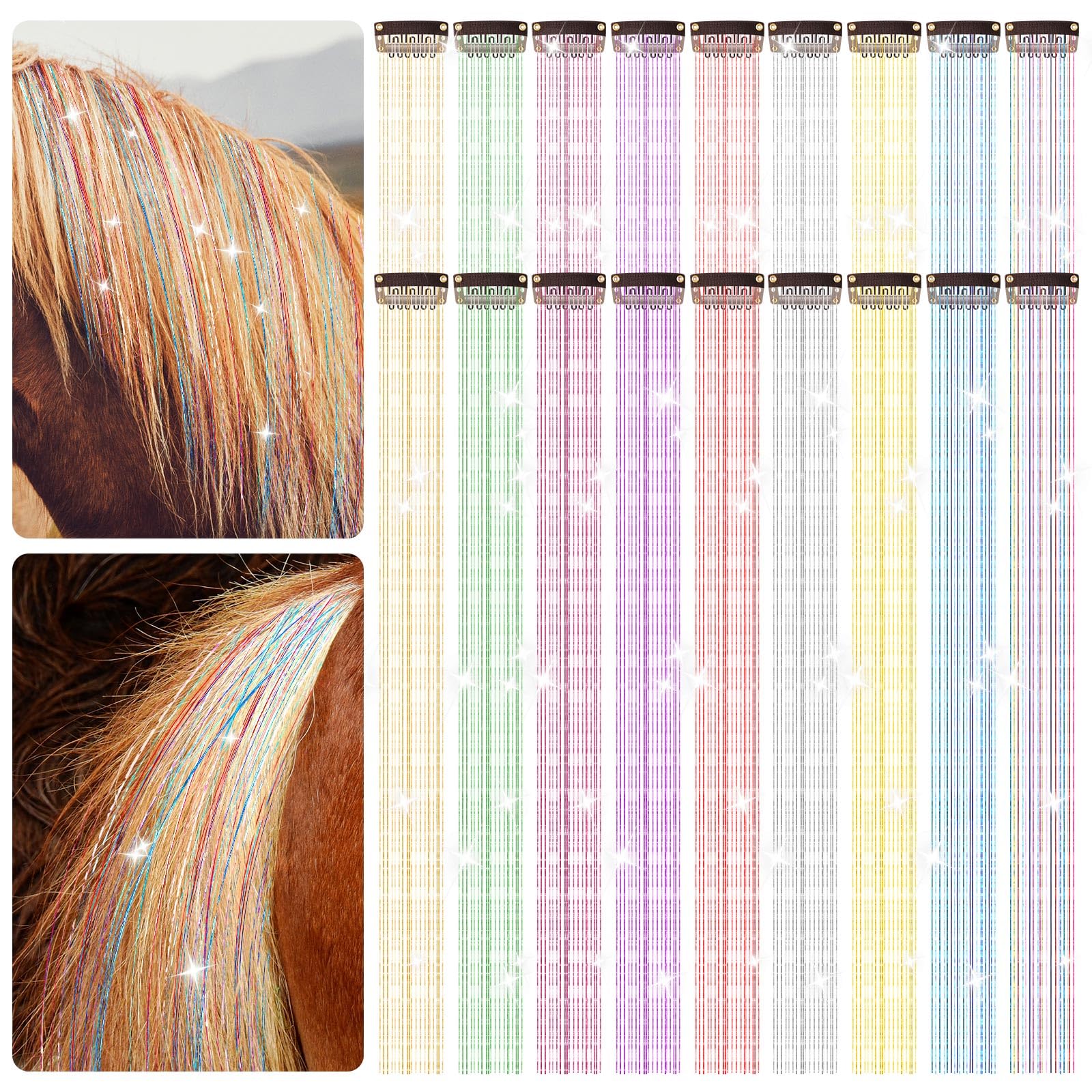 Juexica 18 Pcs Horse Bling Accessory Clip In Hair Extensions For Mane And Tail Tack Horse Stuff Pony Hair Tinsel For Real Horses
