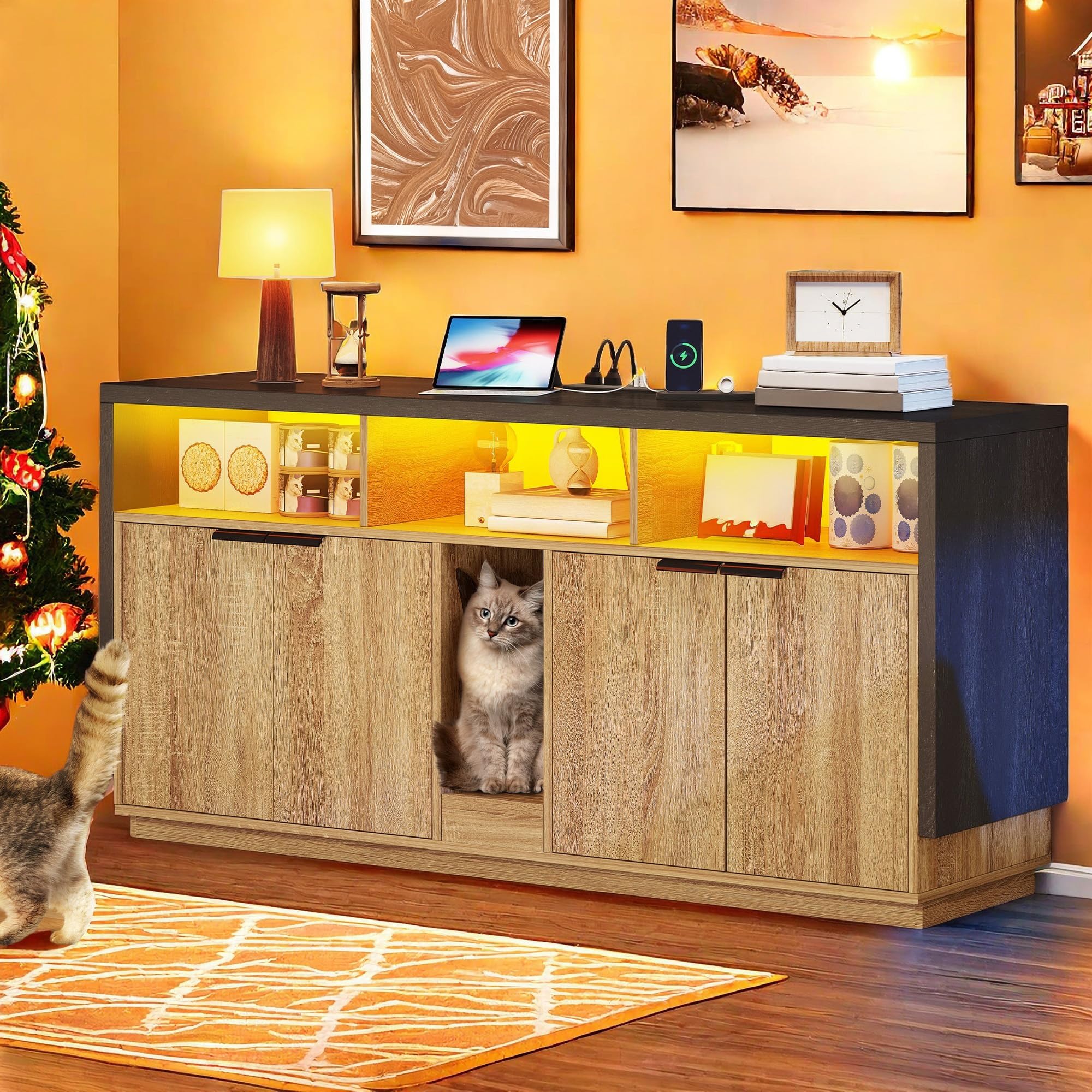 Yitahome Double Hidden Cat Litter Box Enclosure With Power Outlet & Led Light, 60 Inch Dual Kitty Litter Box Tv Stand Furniture 