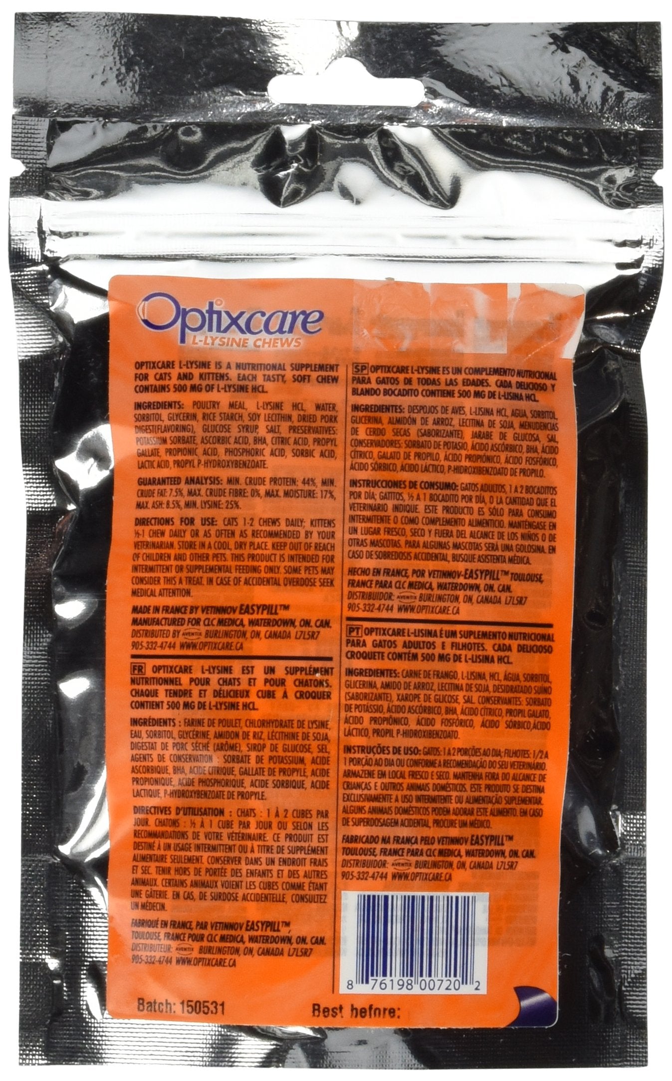Optixcare 72-2 L-Lysine Chews For Cats & Kittens, 60 Count (Pack Of 1)