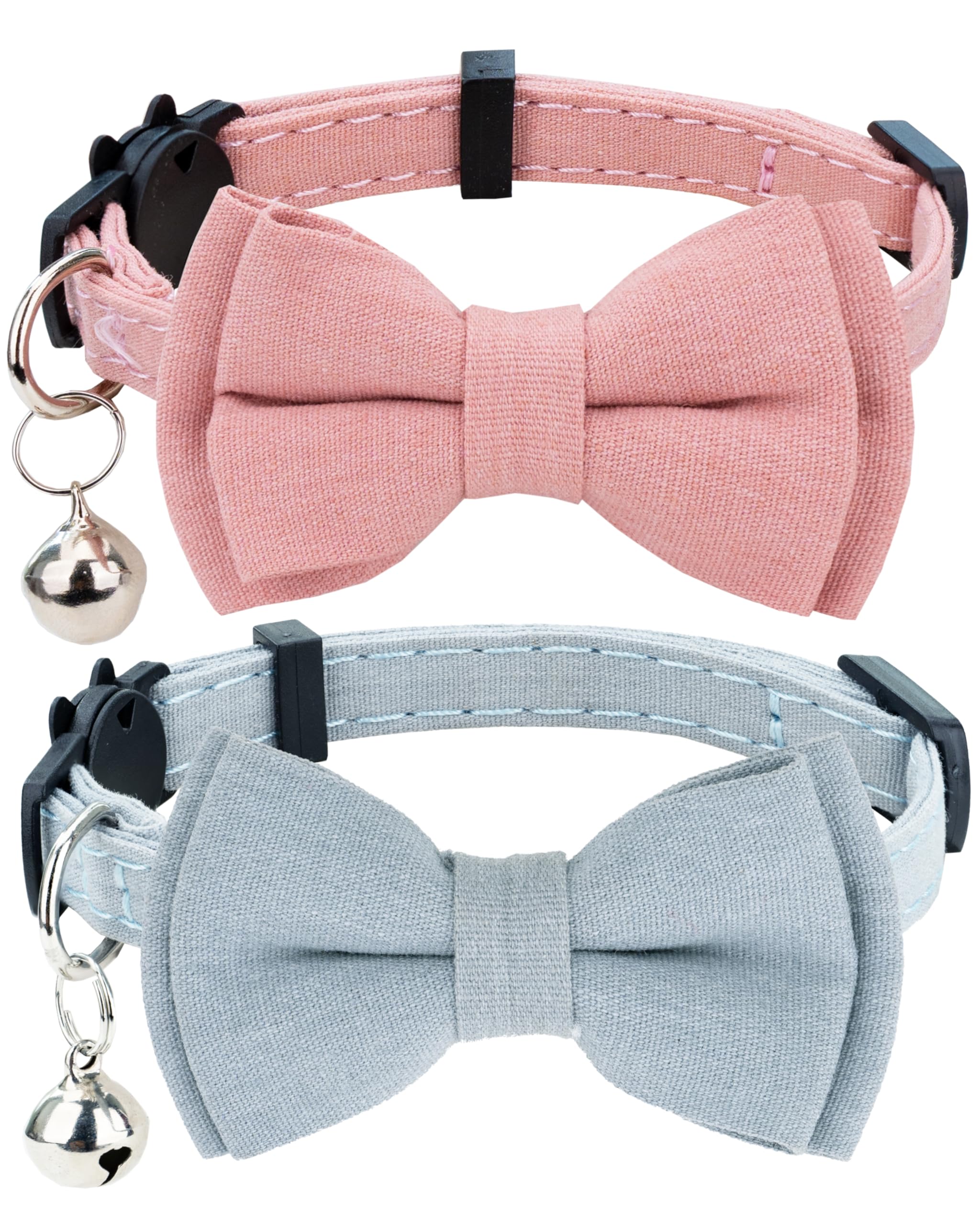 Gyapet Cat Collar Breakaway Bowtie Safety With Bell Adjustbale Kitten Puppy Solid Plaid Color Set A-[2Pcs] Pink & Blue