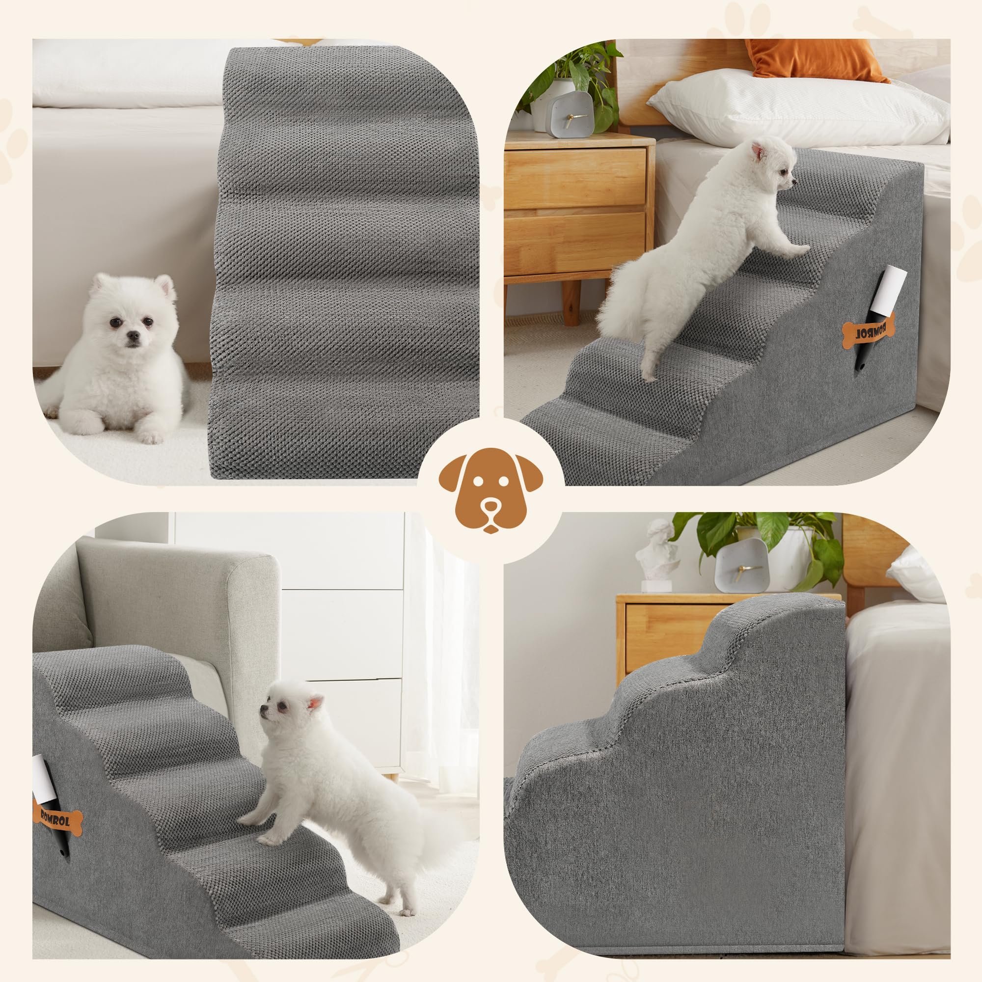 Romrol Dog Stairs Ramp For Small Dogs, Pet Stairs Steps With Durable Non-Slip Waterproof Fabric Cover, Dog Slope Stairs To Bed For Small Dogs And Cats Or Pets Joints, 5-Steps, Grey