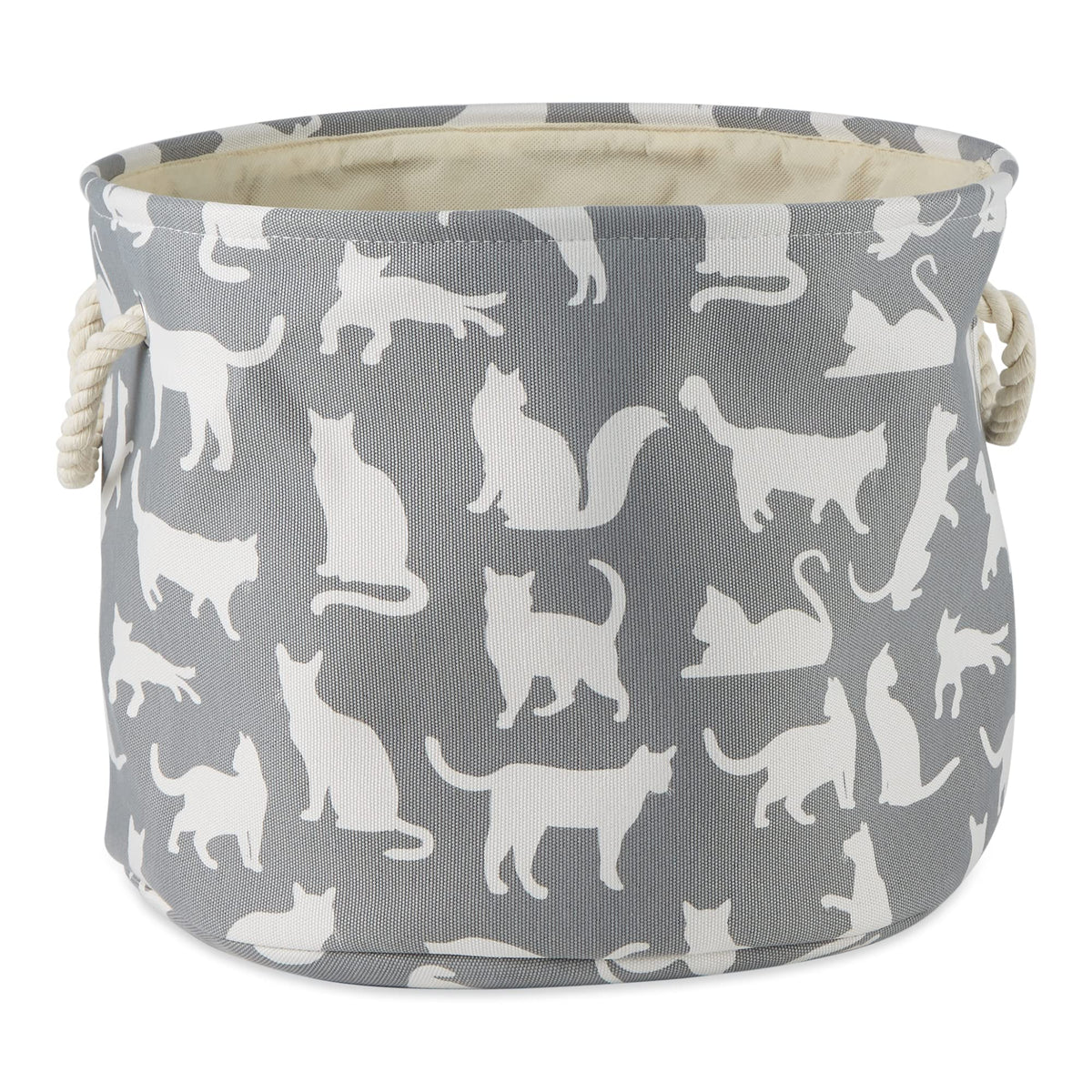 Bone Dry Pet Storage Collection Collapsible Bin with Soft Rope Handles, Small Round, 9x12, Gray Cat's Meow Print