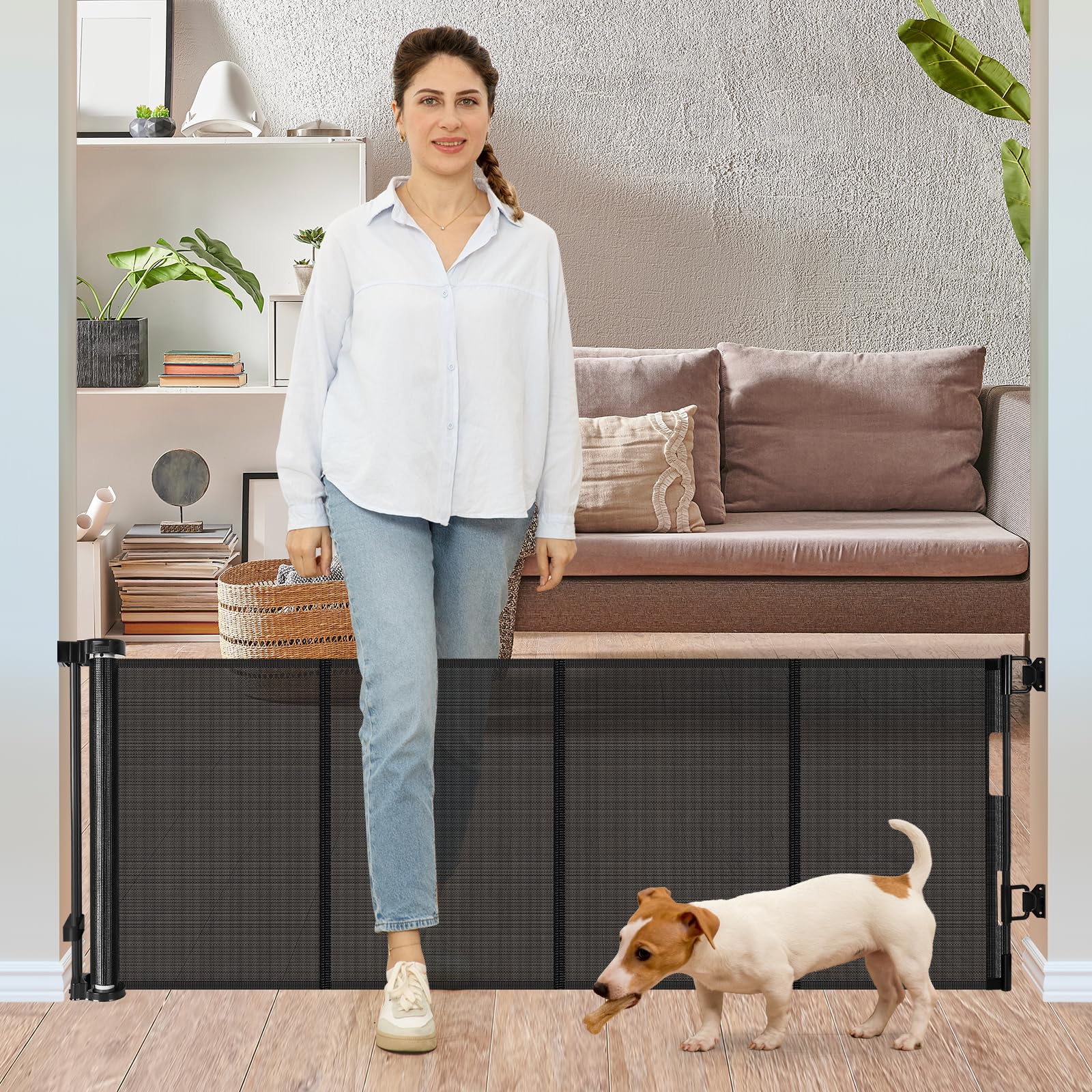 24 Inches Tall Retractable Baby Gates for Doorways, Short Dog Gates to Step Over, Extends up to 55'' Wide, Reinforced Mesh Baby 