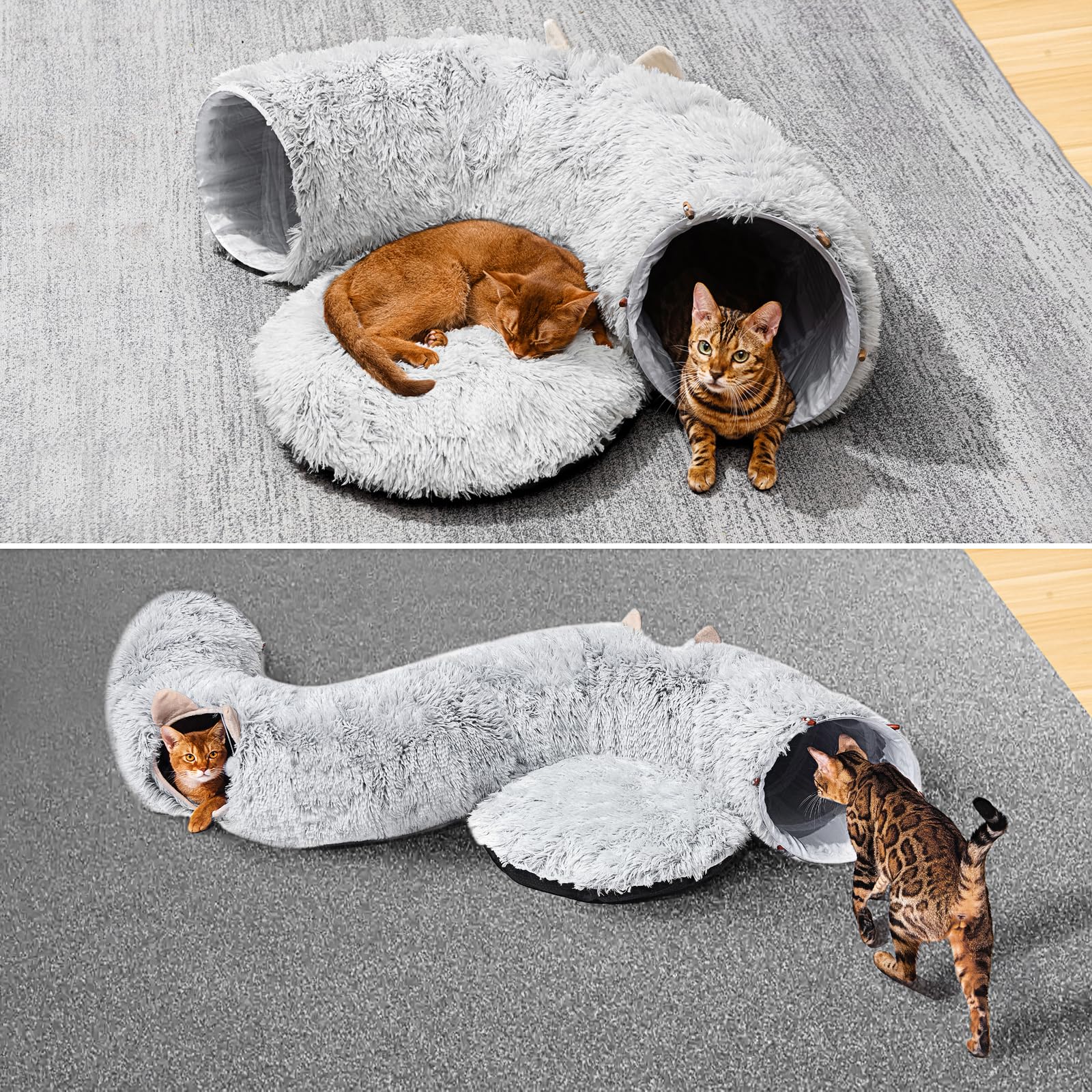 Cat Tunnel with Cat Bed for Indoor Cats, Under Christmas Tree Soft Plush Peekaboo Cat Cave Donut Tunnel, Multifunctional Playgro