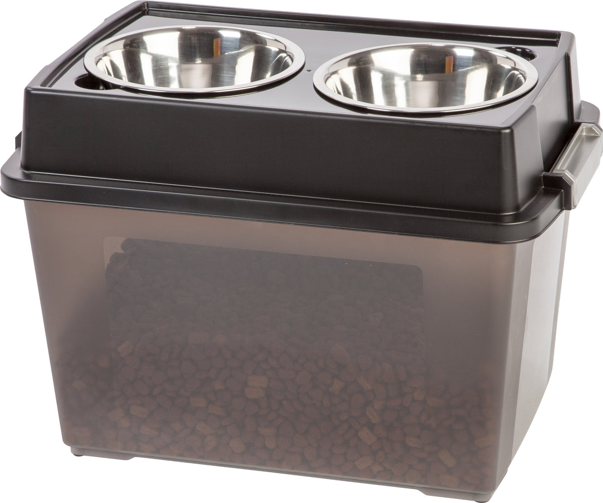 Iris Usa 47 Lbs / 45 Qt (15'H) Large Elevated Feeder With Airtight Pet Food Storage Container, Dry Food Bin With Removable Dog Bowls In Lid, At Home Or Camping Pet Food Container, Smoke/Black