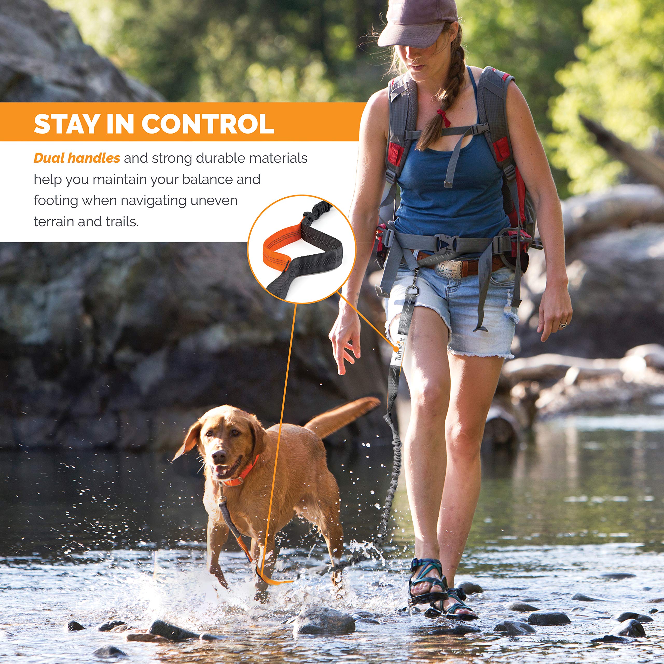Tuff Mutt Hands-Free Waist Leash For Dog Walking, Running And Hiking, Adjustable Belt With Double Handle, Reflective Bungee Design For Large & Medium Dogs