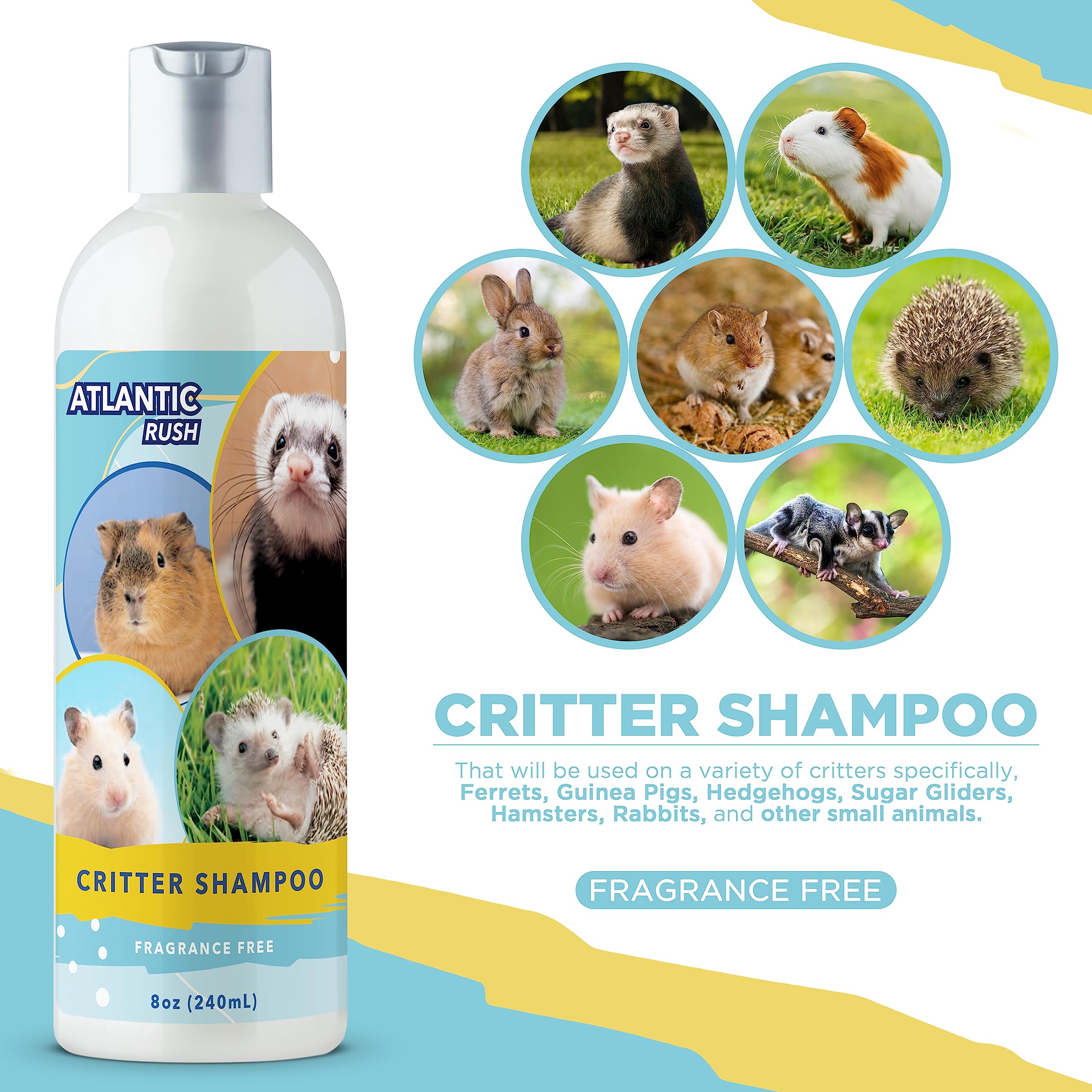 Atlantic Rush Critter Shampoo for Small Pets - 8 oz Fragrance-Free & Sensitive Skin Formula for Ferrets, Guinea Pigs, Rabbits & More