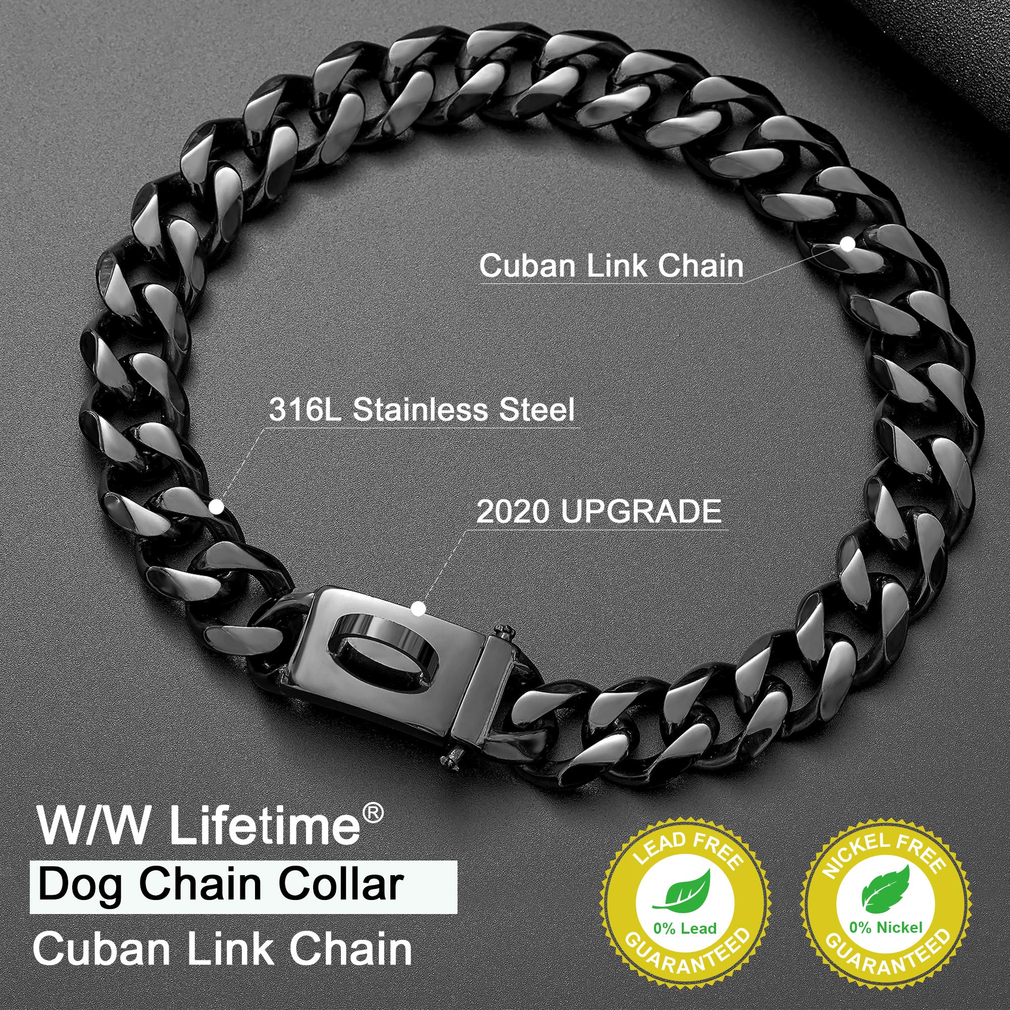 Dog Chain Collar Walking Collar With Design Secure Buckle 19Mm Black Cuban Link Strong Heavy Duty Chew Proof Chain(19Mm, 10'')