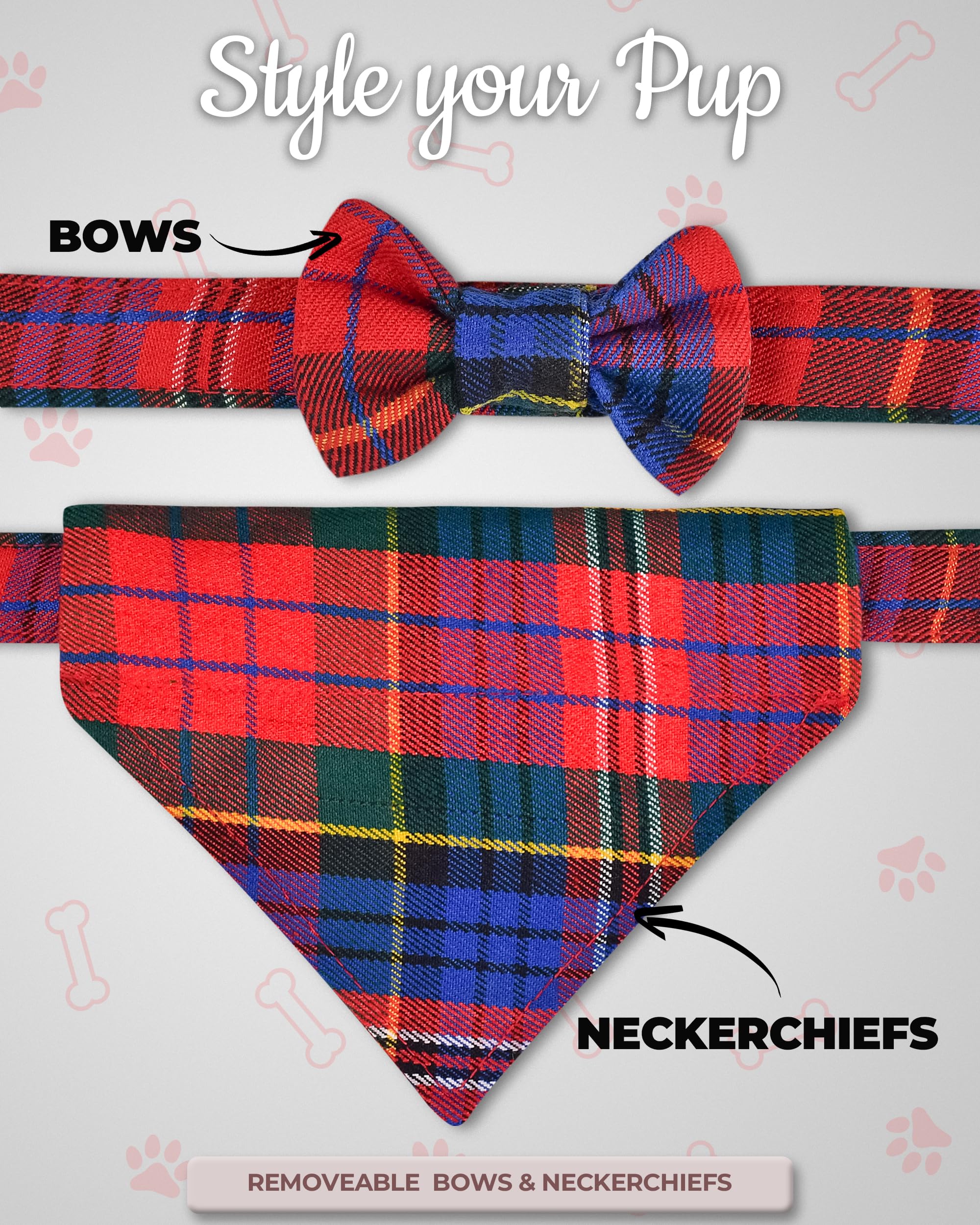 Dog Collar And Leash Set - Scottish Tartan Plaid Dog Bow Tie And Neckerchief, Tangle Free Leash Adjustable Collars Traditional S