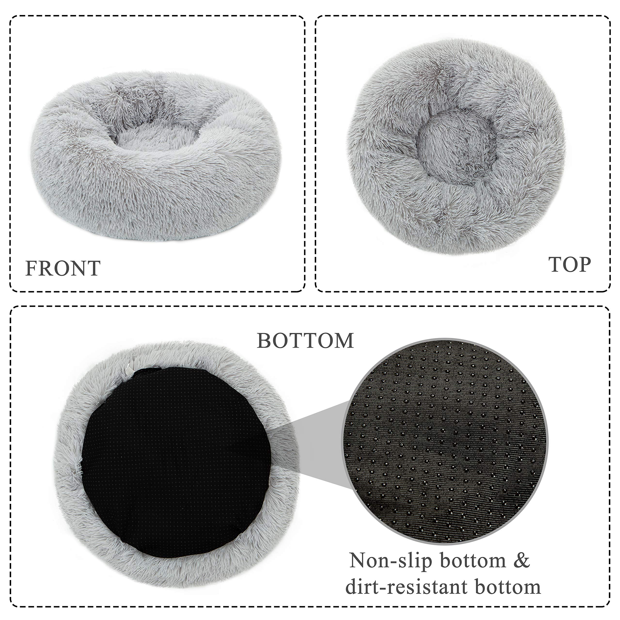 Tormays Calming Donut Dog Bed Medium, Plush Round Cuddler Dog & Cat Bed, Anit-Anxiety Marshmellow Fluffy Faux Fur Cushion (24', Light Grey)