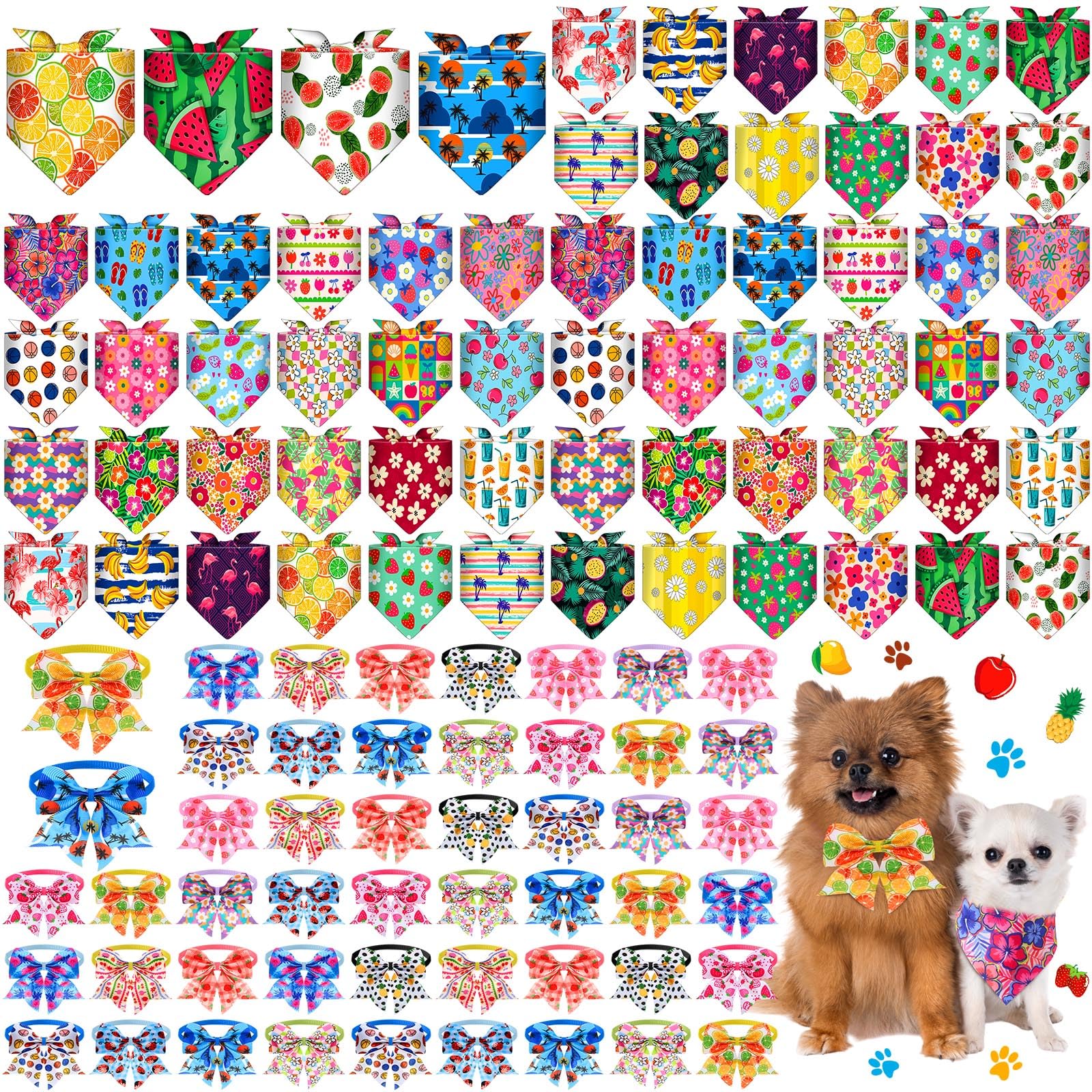 Sanwuta 108 Pcs Dog Bandanas Bulk for Summer Soft Breathable Dog Paw Bow Ties Adjustable Pet Collar Bowtie Triangle Pet Scarf fo