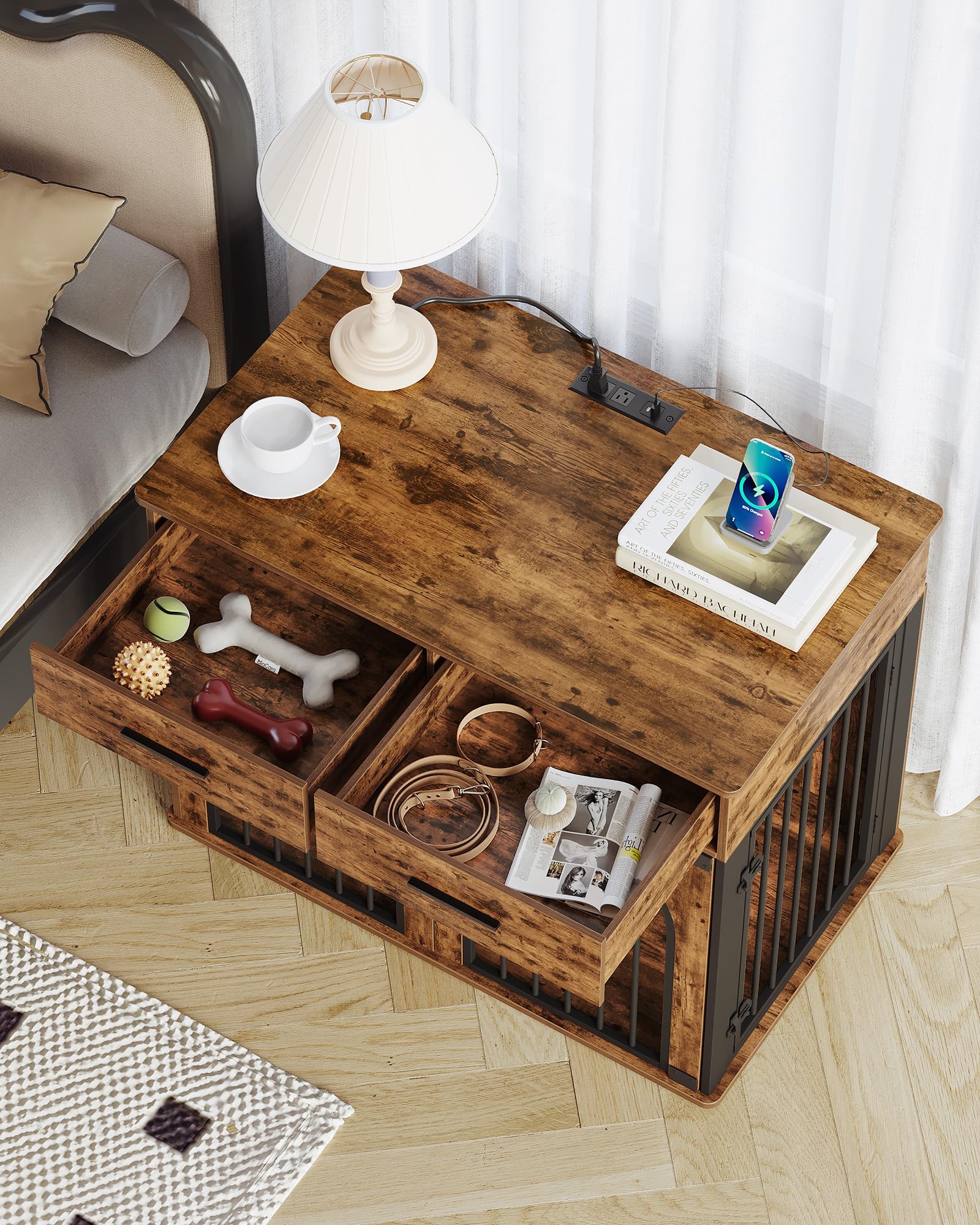 Hzuaneri 39.4 Dog Crate Furniture with 2 Drawers, Indoor Dog Kennel with Charging Station, Wooden Dog Cage Side End Table Kenn