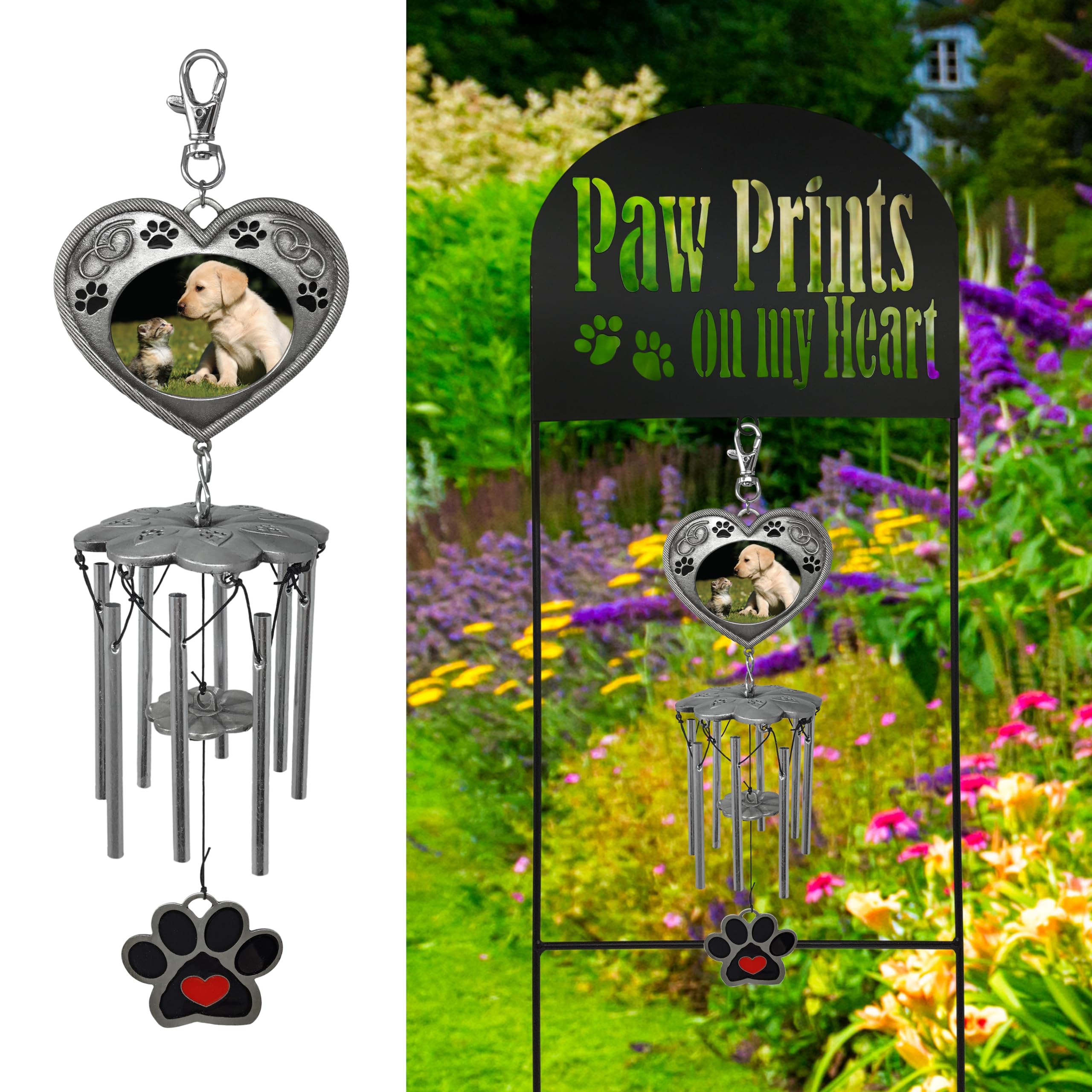 Pet Memorial Marker With Wind Chimes And Photo Frame- Black Wrought Iron Garden Stake And Windchime - Paw Prints On My Heart - Dog Or Cat Memorial Gift - Pet Sympathy Gifts