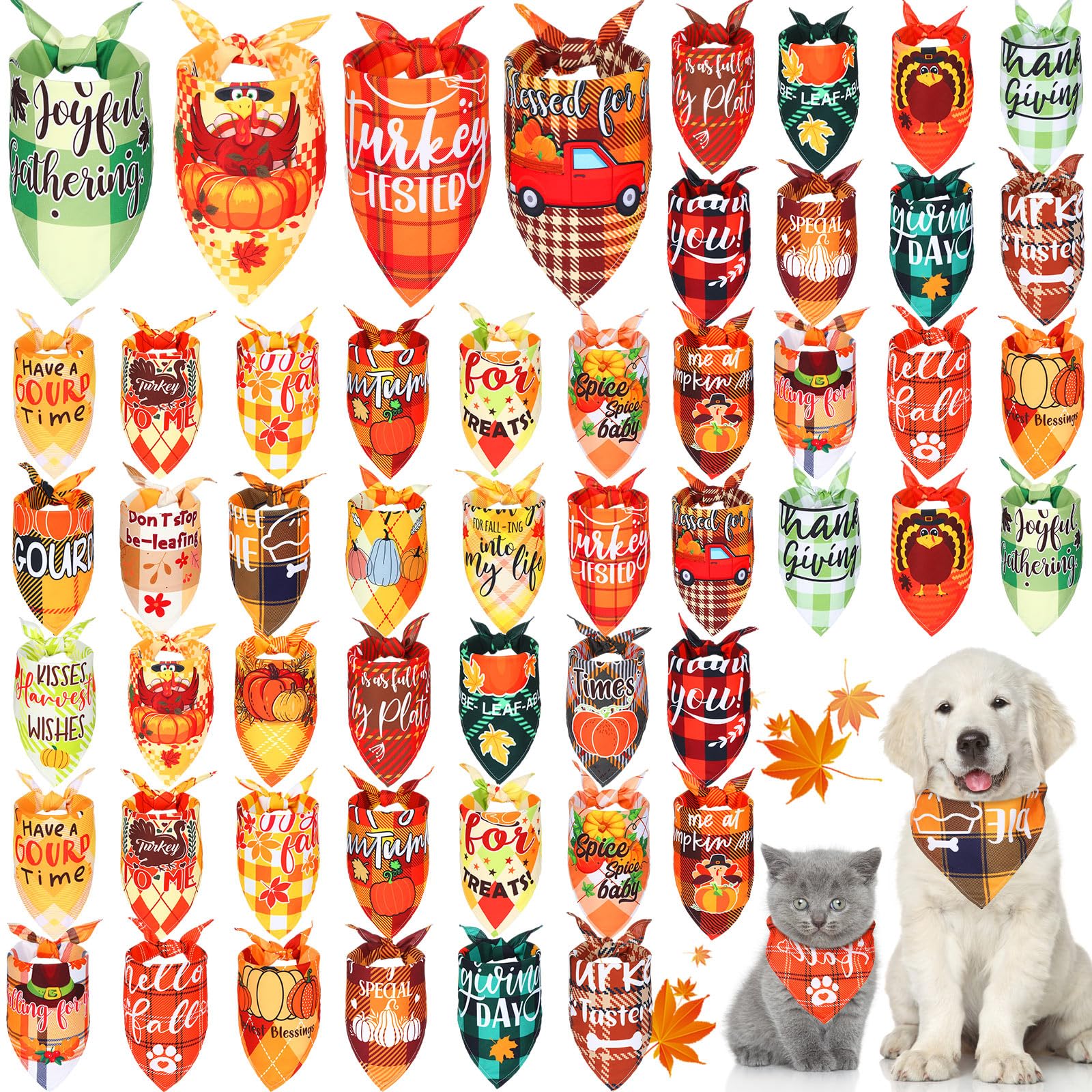 Silkfly 60 Pcs Fall Dog Bandanas Bulk Plaid Bandanas for Dogs Autumn Scarf Bibs Thanksgiving Adjustable Triangle Scarves Kerchie