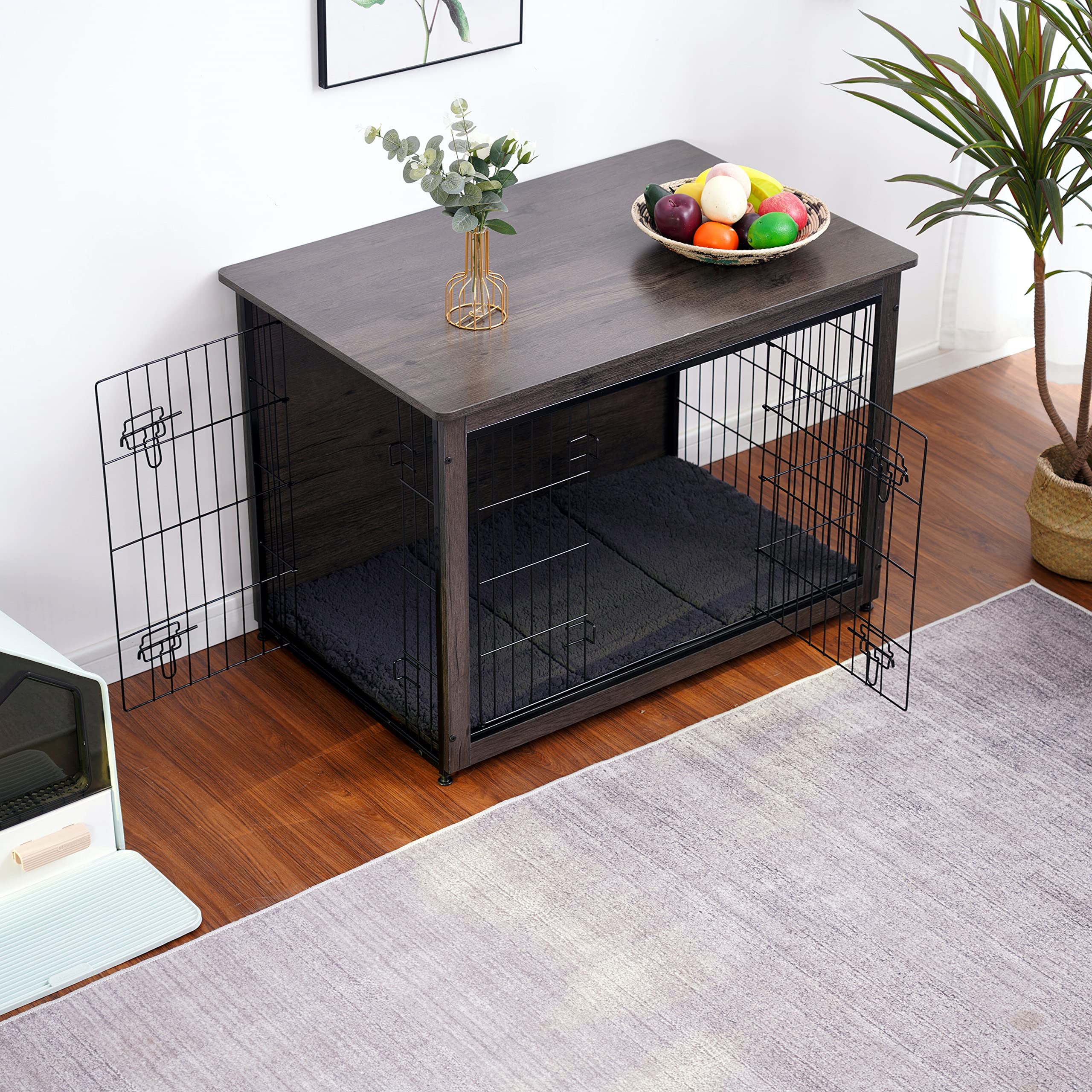 DWANTON Dog Crate Furniture with Cushion, Wooden Kennel Table with Double Doors, Indoor Dog House, Large Size, 38.5 L, Dark Gray