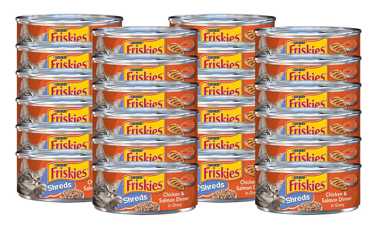 Friskies Purina Shreds Wet Cat Food, Real Chicken & Salmon Dinner In Gravy With Vitamins & Minerals, Wet Cat Food For Kittens & Adult Cats, 5.5 Oz Can (Pack Of 24)