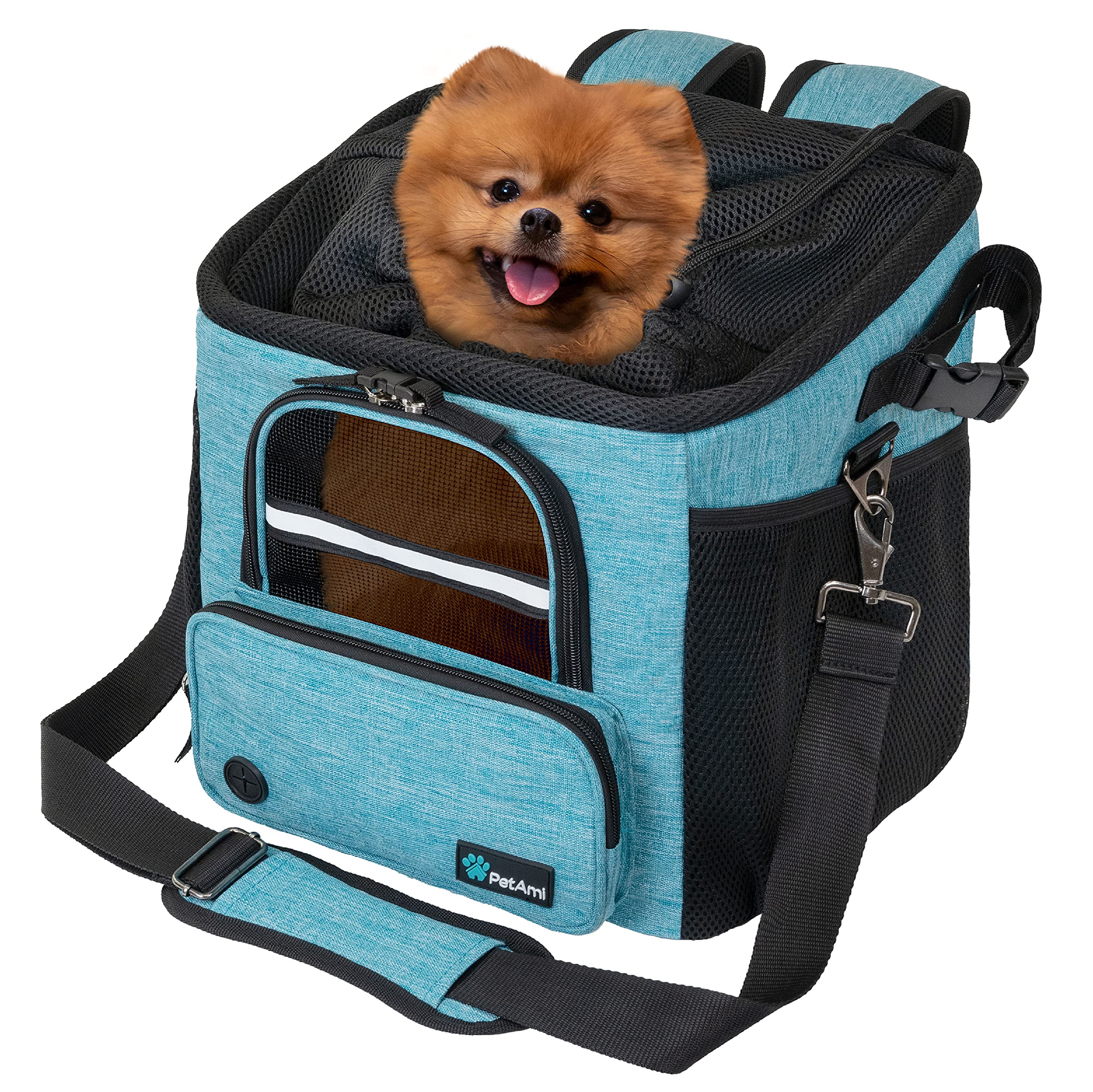 Petami Dog Bike Basket, Soft-Sided Ventilated Dog Bike Carrier Backpack, Dog Pet Bicycle Basket For Bike Handlebar, Small Medium Puppy Cat Kitten Car Booster Seat With Safety Strap (Teal Blue)