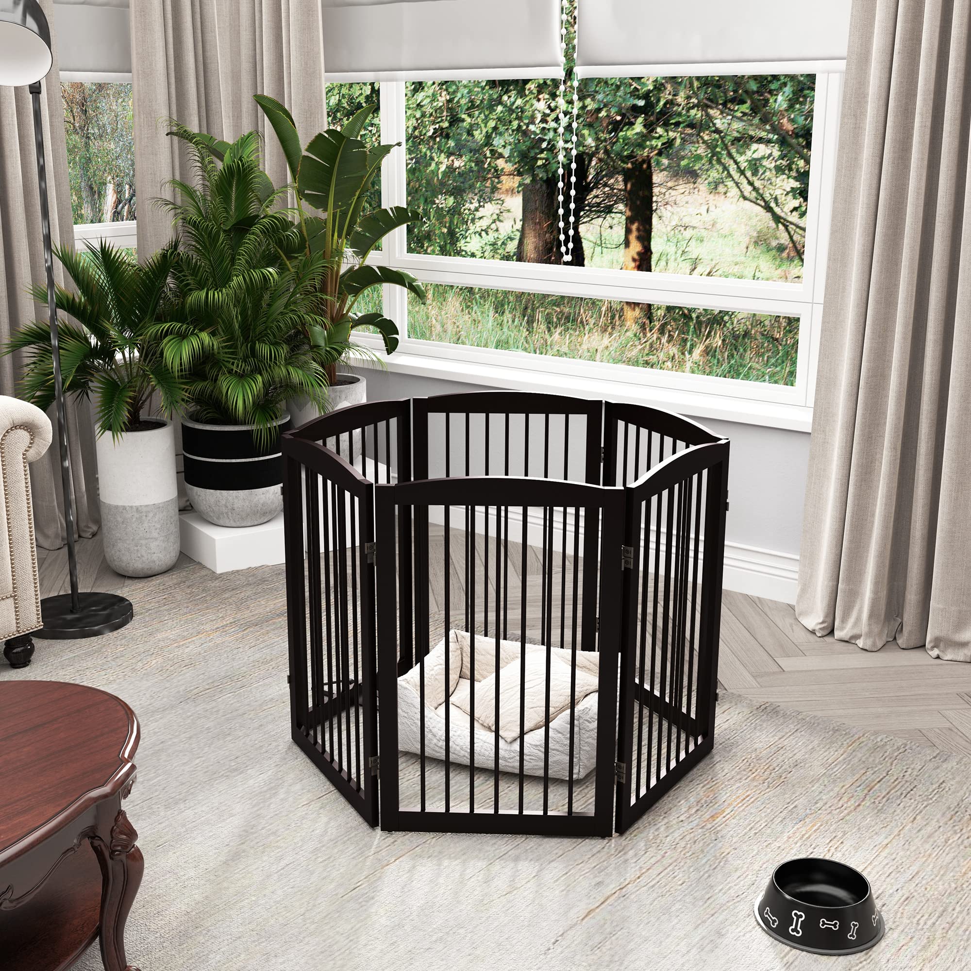 PUPETPO Freestanding Wooden Pet Gate for Dogs, 120" Wide, 6 Panels, Dark Brown, Model DB6-32, Foldable for Indoor Use